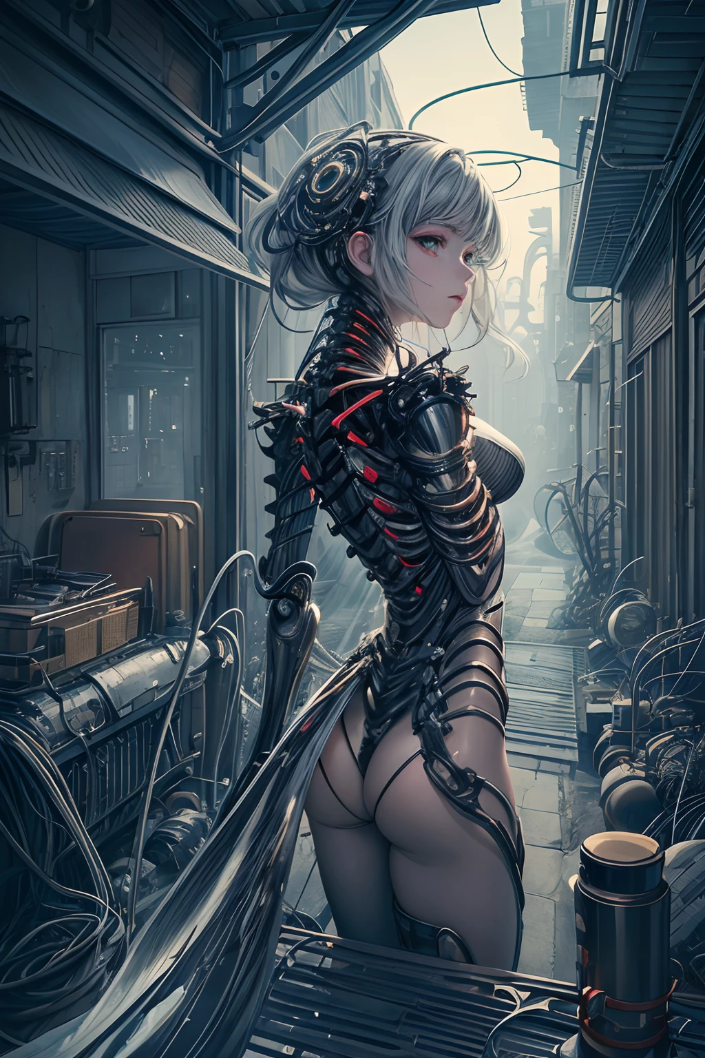 (((masterpiece))), ((best quality)), (ultra-detailed), (CG illustration), (an extremely devious and beautiful)), cinematic light, ((1 mechanical girl)), single, (machine-made joints: 1.4), ((mechanical limbs)), ( blood vessels attached to the tube), ((mechanical spine attached to the back)), ((mechanical cervical vertebrae attached to the neck), ((back to the viewer)), expressionless, (wires and cables attached to the head and body: 1.5), science fiction, apocalypse, ruins Generate a surrealistic image of a futuristic setting. A paleta de cores deve ser dominada por tons avermelhados, criando uma atmosfera intensa e quente. A cena deve retratar um horizonte amplo, with futuristic architectural elements and abstract forms. No centro da imagem, Leave empty space to create a sense of mystery and endless possibilities. The image should convey a sense of wonder and a surrealistic and futuristic environment.