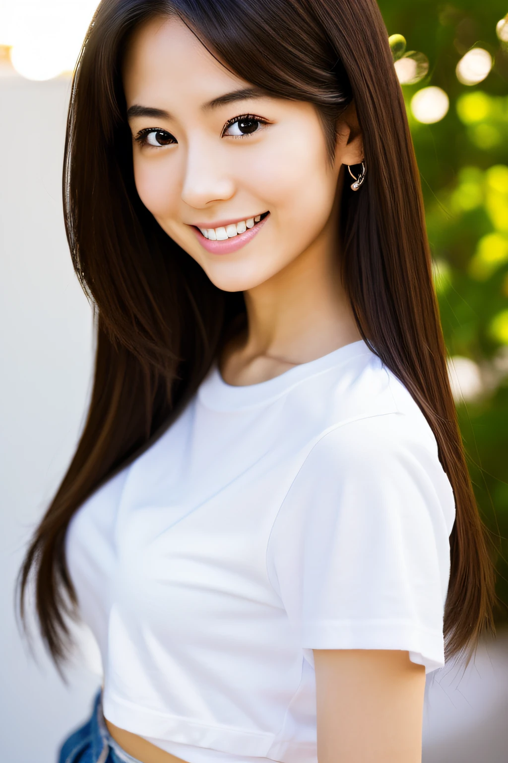 Very beautiful Japan person, kawaii, (photographrealistic:1.4), 1girl in,Realistic,Best Quality,japanaese girl,From above,Detailed face,Simple background,Perfect Anatomy,23years old, smiling smile, As a fashion model,white t-shirts