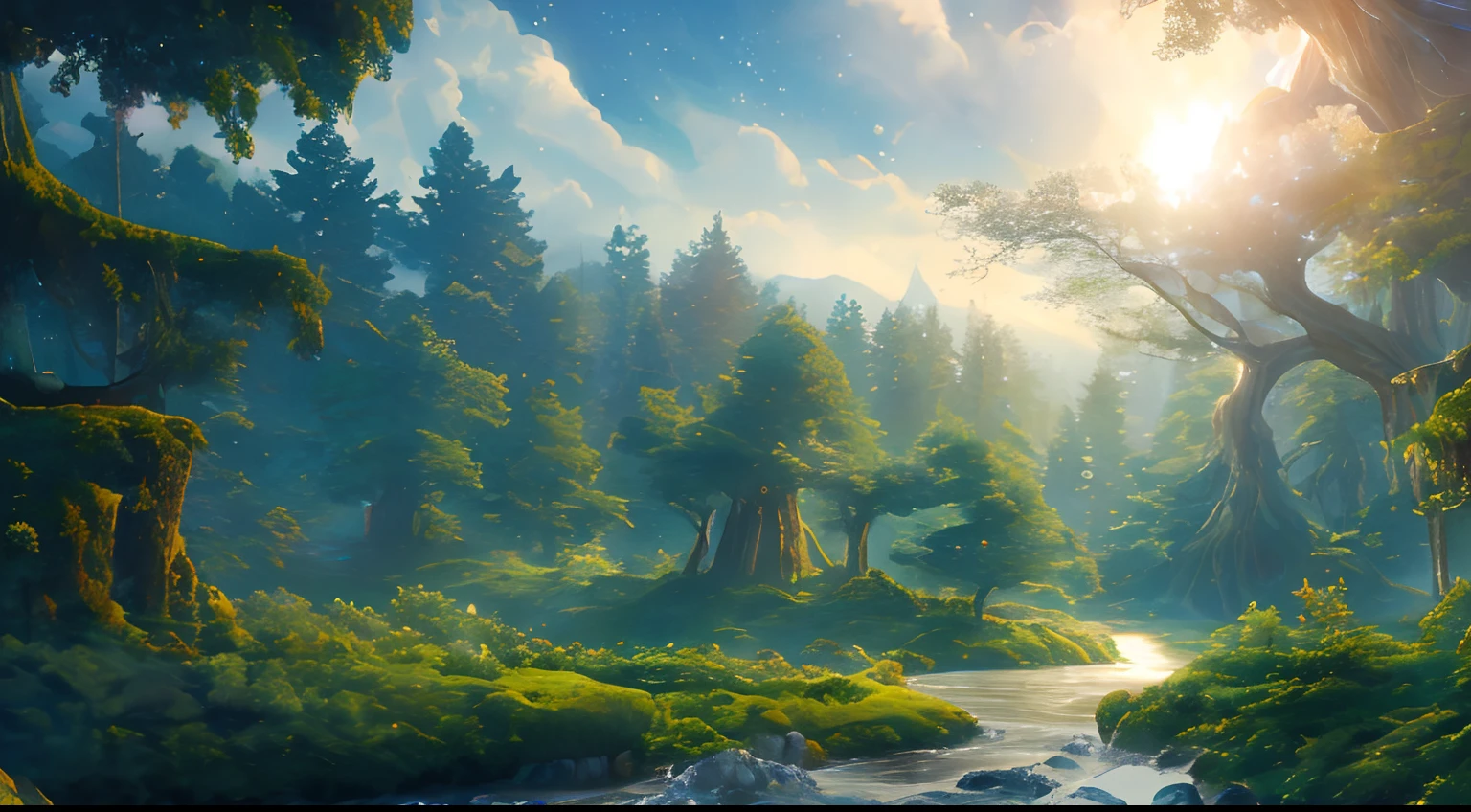 Illustration of a hyperrealistic , otherworldly, ultrasky scene featuring a giant crystal tree full body,very detailed and magical lighting, intricate forest details, vegetation and river around, solarpunk ,landscape, giant tree, beatifull leafy with beautiful lighting and realistic proportions, as if it were a cinematic background, 8k, highest quality, masterpiece, clouds and stars in the sky.