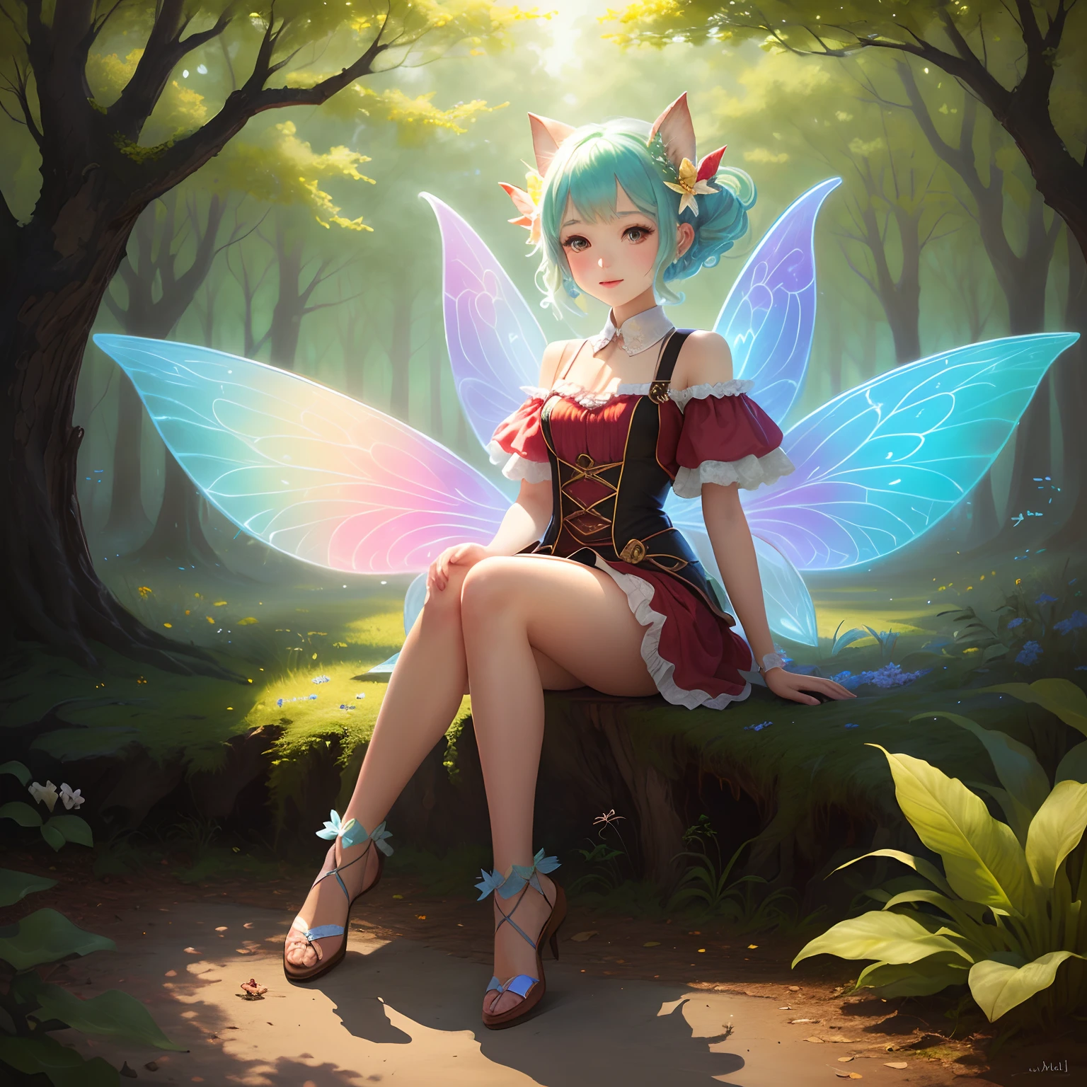 full body, fantasy, (cowboy shots: 1.3), (blue hair), (blue gradient hair), (hydrangea hair ornament), fairy, Transparent fantasy clothes, (transparent fairy feathers), blue skin, pixie ears, (in the Enchanted Forest: 1.3), (blue neon tree), (night: 1.4), (neon fireflies), glowing dust, white particles in the air, fantasy costumes, (transparent fairy wings), fairy ears, Gods, boy, hydrangea blue flowers, in the blue hydrangea field, reaching out to hydrangea