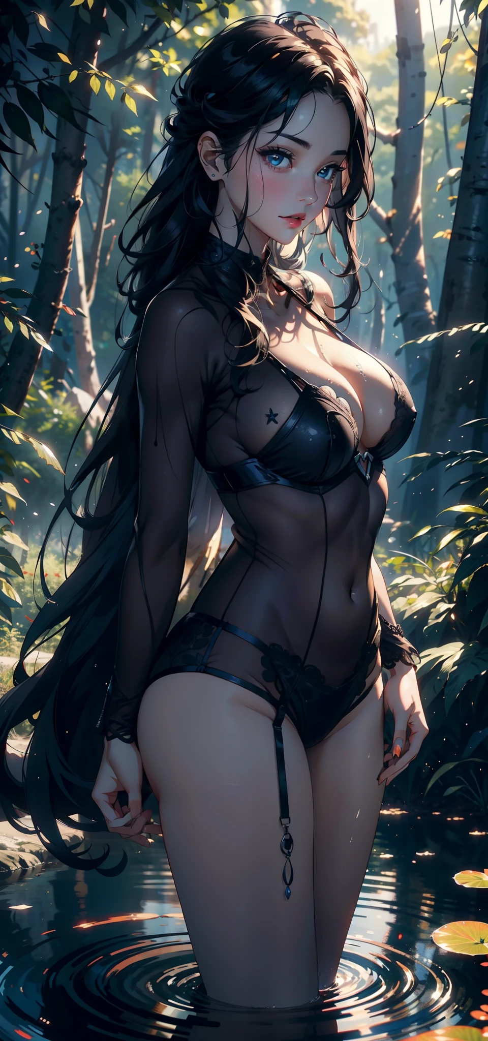 1female,36 years old,A MILF,Large breasts, 独奏,Pornographic exposure(Background with:coniferous forest,in summer,Water on the ground) with his long black hair, Snow-white skin,standing in a pond,legs are open,From the front side, curlies, mostly cloudy sky,(((tmasterpiece),(Very detailed CG unity 8K wallpaper),best qualtiy,cinmatic lighting,detailed back ground,beatiful detailed eyes,Bright pupils,(Very fine and beautiful),(Beautiful and detailed eye description),ultra - detailed,tmasterpiece,))Redlip,facing at camera,A high resolution,ultra - detailed),Flushed complexion,Desire for dissatisfaction,Married Woman,nakeness,Superman uniform,Blue transparent sexy lingerie,Bare breasts,Bare genitalia