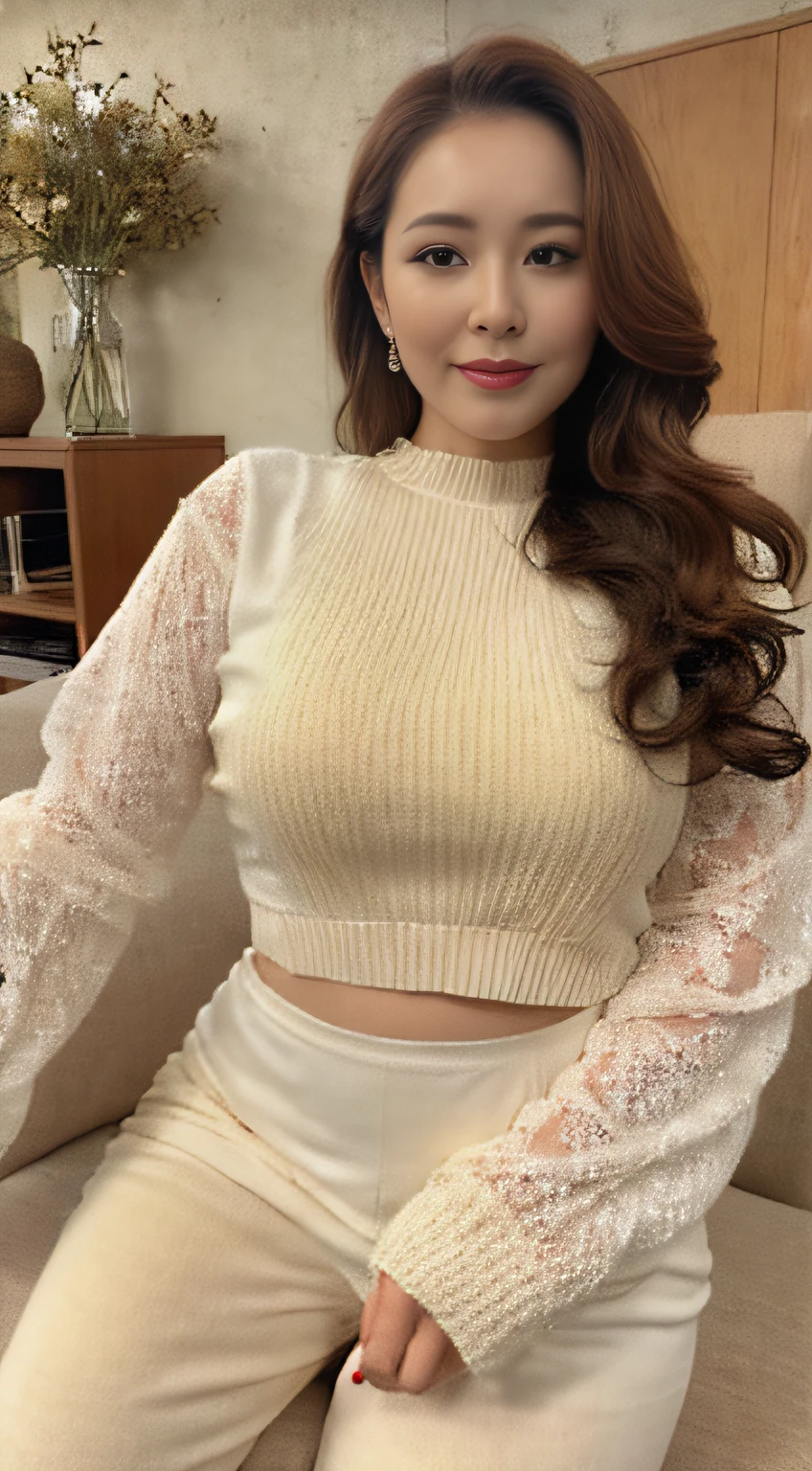 In the living room with sofa, there is a woman in a yellow knitted dress posing for a photo, Crewneck clothes,Knitted tight clothing set, wearing sexy cropped top, clear curvy details, 8K)), ( ivory black ), lacey, The upper part of the body, full - length view,Wavy hairstyles