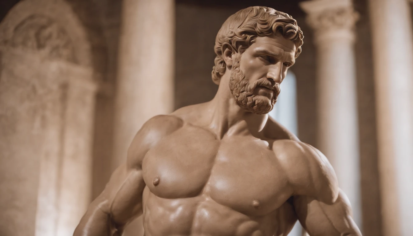 Stoic Greek Hercules style statue with highlighted muscles