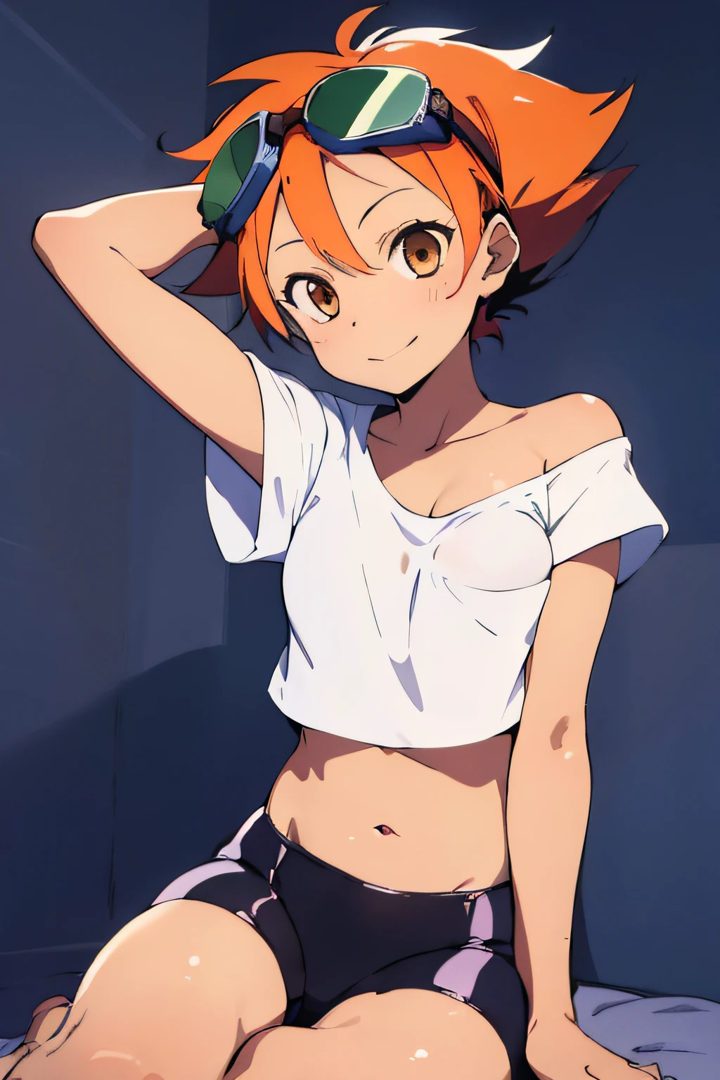 beautiful, masterpiece, simple background, best quality, Edward, tomboy, tan skin, orange hair, spiked hair, brown eyes, goggles on head, midriff, white shirt, loose shirt, off shoulder, showing her small breast and nipple, barefoot, bike shorts, detailed image, colorful, vibrant colors, simple background, detailed face, perfect lighting, perfect shadows, perfect eyes, perfect hands, perfect hair, perfect face, grin, solo, center focus, looking at viewer, navel, IvanFloro, small body