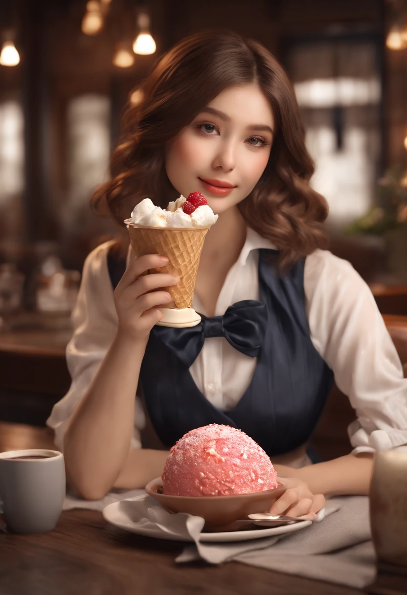 (8K, RAW photo, Best quality, Masterpiece: 1.2), (Realistic, photo-realistic: 1.37), Ultra-detailed, 1 girl, Cute, Solo, Beautiful detailed sky, detailed coffee, Night, Sitting, (flushed nose), (Smile: 1.1), (Mouth closed), Medium breasts, Beautiful detailed eyes, (Collared shirt: 1.1), Bow tie, Pleated skirt, (Short hair: 1.2), Long hair, taking big ice cream,