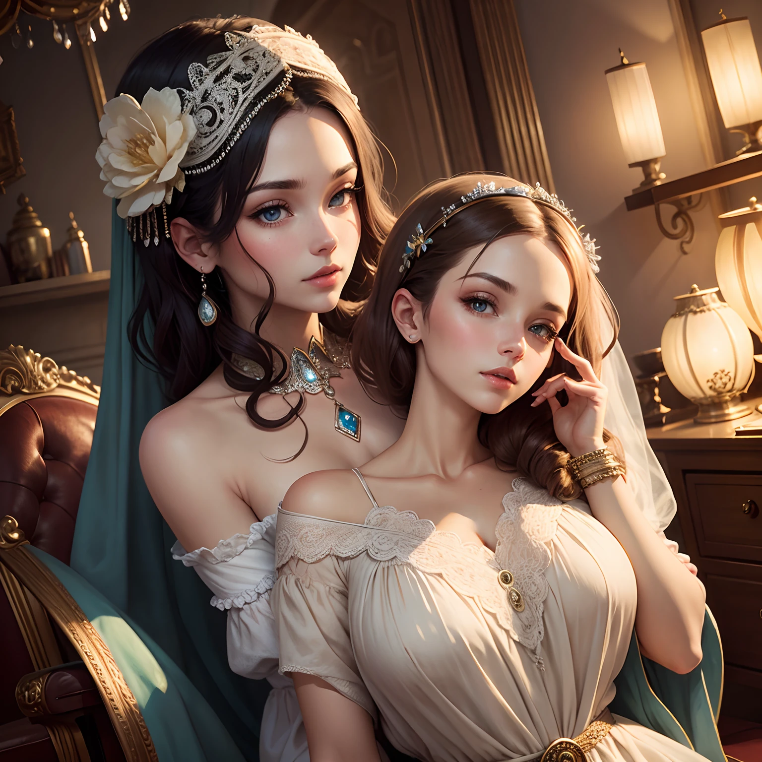 Estillo bohemian style. Beauty helps beautiful sister make up. They were in a room with a stunning vintage style dresser. They are women dressed in a very attractive modern way.. 2023.