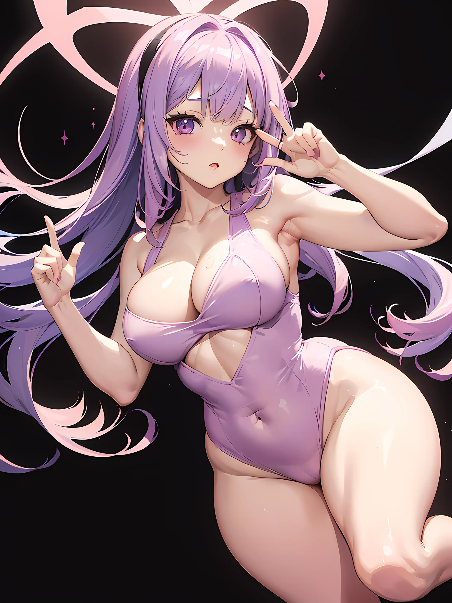 1 girl, (((bright opaque purple hair))), long wavy hair with bangs, adult, two pink devil horns headband, ((((wearing LIGHT pink leotard one-piece)))), ((LIGHT pink lingerie)), pink clothes, ((((curvy BODY)))), ((thick thighs)). (((chubby stomach))), fat lower stomach, cleavage, medium bust, (((tan skin))), ((((SWEETHEART NECKLINE)))), (sexually suggestive), holding up two fingers, peace sign pose, ((holding up peace sign)), cute pose. sexy pose, ((((masterpiece)))), dynamic angle, (highres), ((8k)), ((((extremely detailed face and eyes)))), (((best quality))), (((Ultra-detailed))), (extremely detailed CG unified 8k wallpaper), High-definition, ((perfect anatomy)), blank white background