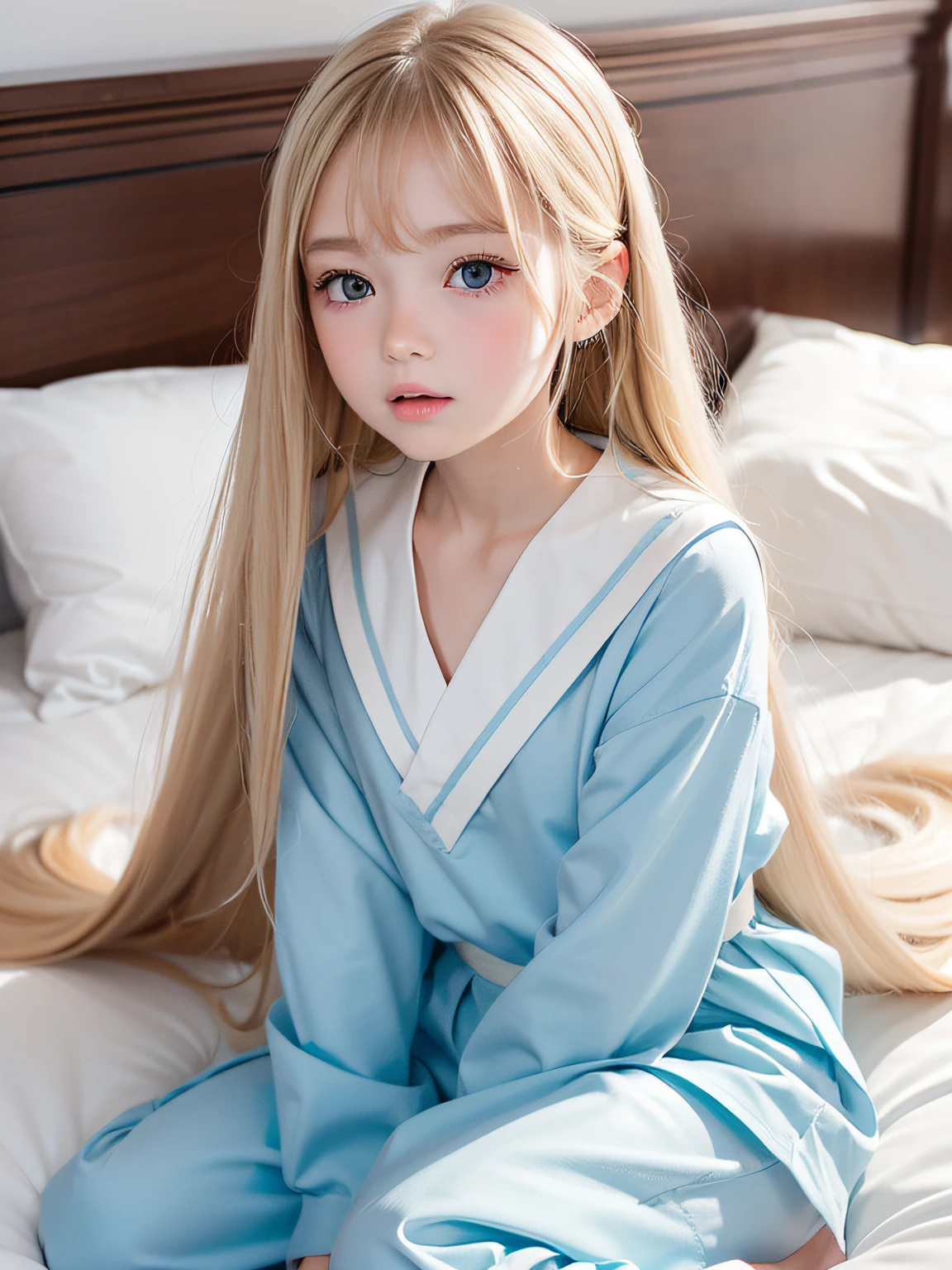 (((lying on one's side on bed)))、The most beautiful pretty cute faces、Russian beauty girl、bright expression、Very long and beautiful straight hair、half ponytail、Beautiful blonde hair shining golden、The most beautiful girl in the world、Sexy cute beautiful 、bright big pale blue eyes、snow-white shiny skin、shiny beautiful skin、a baby face、daoss of cheeks、long bangs swaying in front of the face、Transparent beautiful natural blonde silky soft hair、School Uniforms、japanese sailor suits、,  ((Petite)), ((Little)), ((Flat_Chest)), ((skinny)),