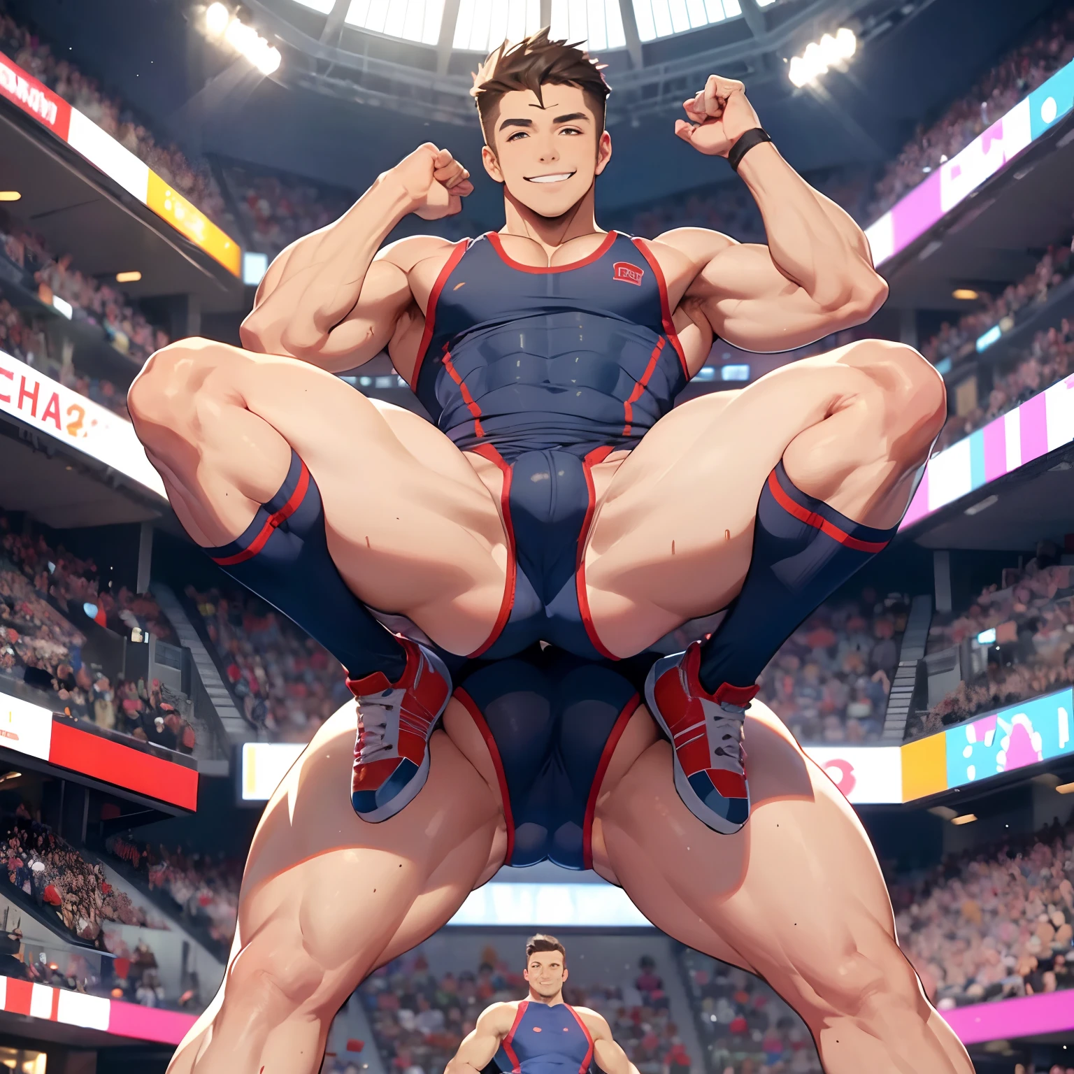 Hot,muscular,guy wearing cheerleader outfitwith huge butt very sexy smiling with legs spread out showing off butt while performing.