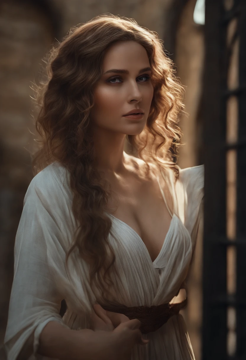 (Masterpiece:1.4), (Best quality:1.4), Extremely detailed, complexe, hyper detailed, (visage parfait), illustration,softlighting, Plein_corps, 1fille, Solitaire, Vers les cheveux, colourfull, colorized, De_au-dessus ,ours_Costume , prison