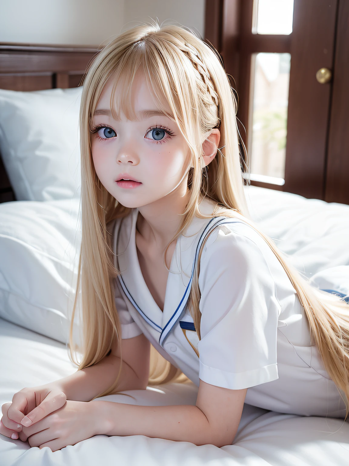 (((lying on one's side on bed)))、The most beautiful pretty cute faces、Russian beauty girl、bright expression、Very long and beautiful straight hair、half ponytail、Beautiful blonde hair shining golden、The most beautiful girl in the world、Sexy cute beautiful 、bright big pale blue eyes、snow-white shiny skin、shiny beautiful skin、a baby face、daoss of cheeks、long bangs swaying in front of the face、Transparent beautiful natural blonde silky soft hair、School Uniforms、japanese sailor suits、, ((Petite)), ((Little)), ((Flat_Chest)), ((skinny)),