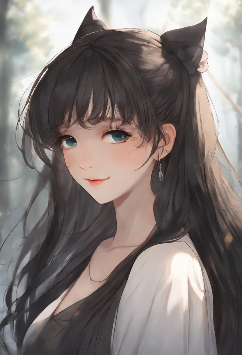 A girl with long black hair and a cat ears is standing in the woods ...