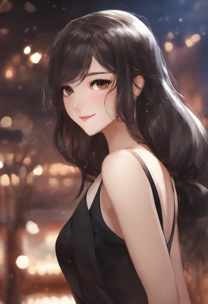 Masterpiece, Best quality, {Best quality}, {{Masterpiece}}, {A high resolution}, Focus, Anime style, Cartoon close-up of a woman, Girl design, Mara, Portrait, Gisha, Anime image, Long hair, Black hair, Heterochromic eyes, hair covering ears, cheerfulness, Polished and powerful appearance, Exotic, Tall, freckle, Smiling