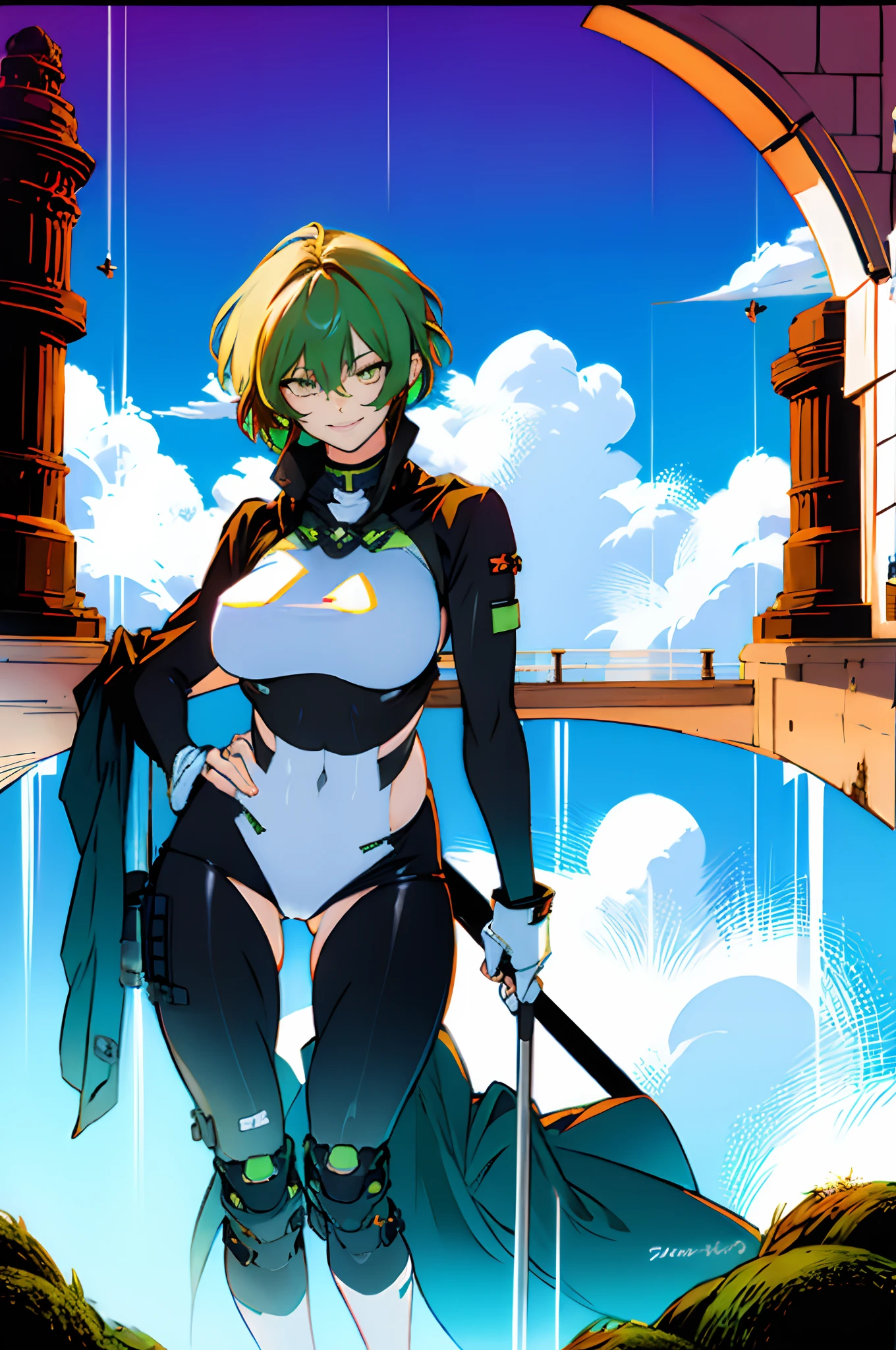 Pure sky，mechanical leg，Black mechanical legs，Plump legs，Green gem setting，Anime girl standing gracefully on the ground，Black cape and green hair, rogue anime girl, Anime girl standing, Wearing a cloak on the blasted plain, asuka suit under clothes!, Cyborg girl, badass posture, mechanic punk outfit, anime styled 3d, render of a cute 3d anime girl, gapmoe yandere grimdark, Female character，musculature，Abs，Glowing green eyes，Black hair with green gradient，short detailed hair，Bunched hair，Dull hair，（Muscle 2.0），Tomboyish，Be red in the face，looking at viewert，Elaborate Eyes，Black mechanical legs，huge tit，1.5，Put your hands in your pockets，ssmile，blacksilk，Straight big breasts，strappy，Black openwork hot pants，White bandeau，Toothless smile，Lower breast，Mechanical wind，There are no cities，Side breasts，Excitation，Top crotch，Sexy lower abdomen，