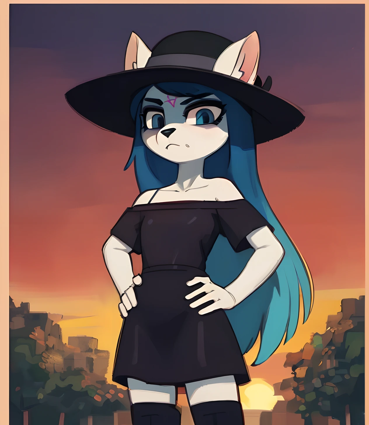 [Claire (the summoning)], [Uploaded to e621.net; (Pixelsketcher), (wamudraws)], ((masterpiece)), ((solo portrait)), ((furry; anthro)), ((detailed fur)), ((cel shading)), ((detailed shading)), ((beautiful render art)), {anthro, white fur, black nose, pink pentagram on forehead, long blue hair, dark blue slit eyes, (expressionless), frown}, {(off-shoulder shirt), (short black dress), (goth boots), (dark blue laces), (straw hat)}, {(standing), (hand on hips)}, [background; (park), (sunset), (orange sky), (sun rays)]