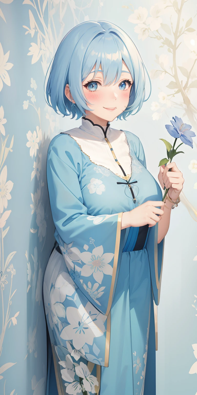 1 old woman, short hair, light blue hair, smiling, blush, glowing, sidelighting, wallpaper,