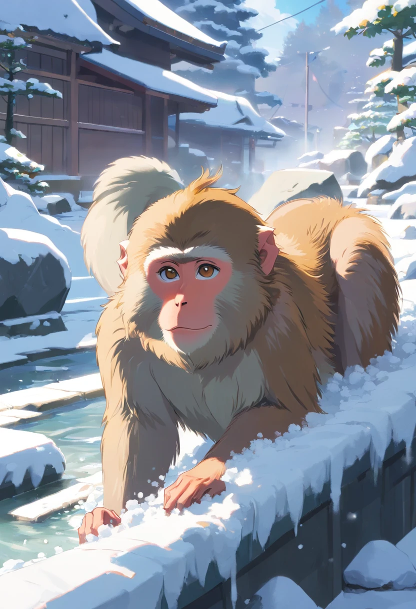 Japanese macaque Take an open-air bath Snow around