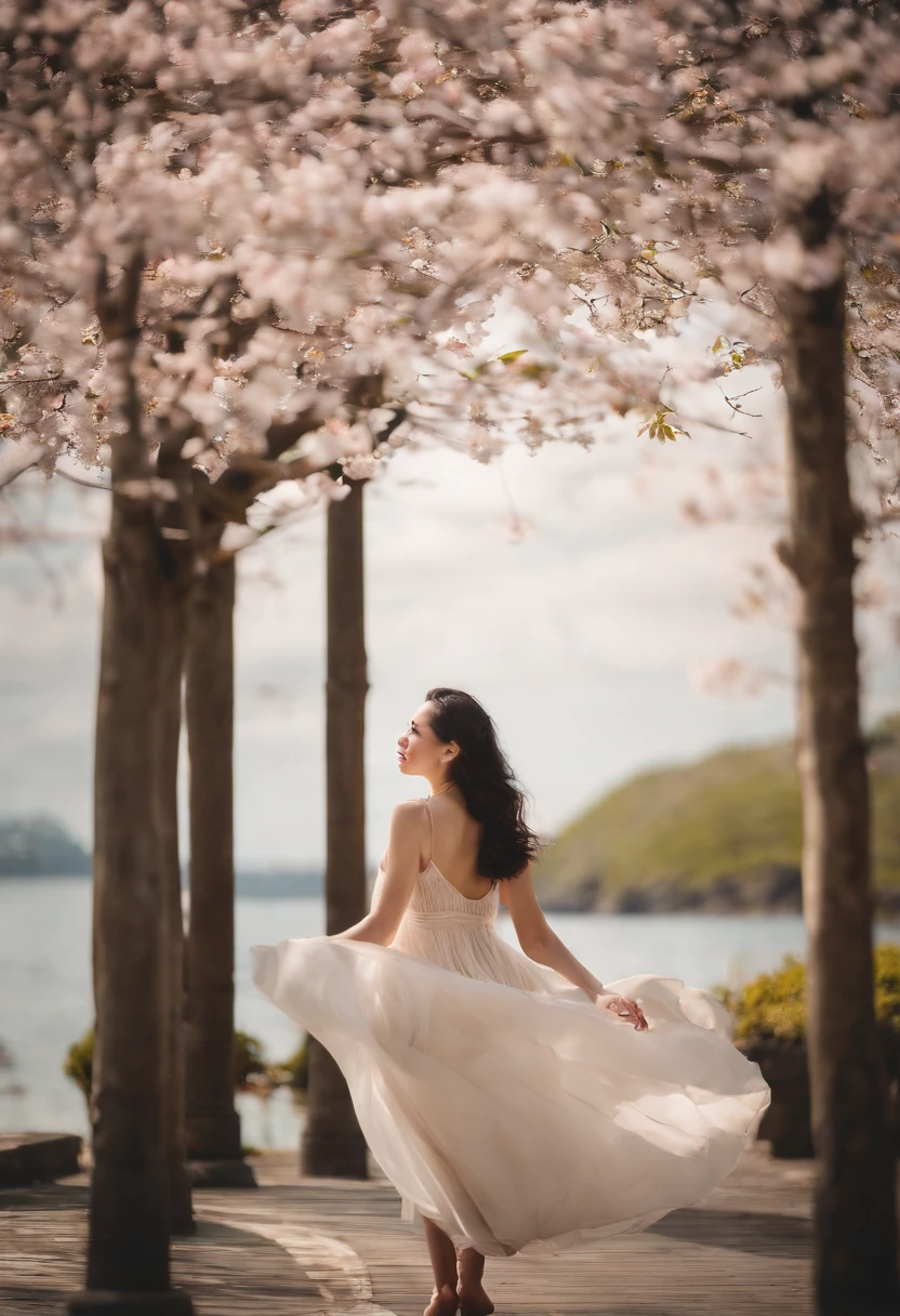 1girll,Black hair, Floating hair, Seaside,scenery,landscape,Cherry blossoms, Falling petals, rays of sunshine,god light,Upper body,  colours,dress,komono