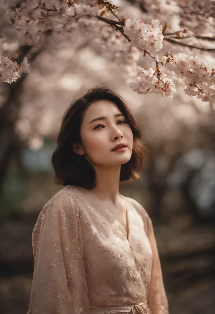 1girll,Black hair, Floating hair, Seaside,scenery,landscape,Cherry blossoms, Falling petals, rays of sunshine,god light,Upper body, colours,dress,komono
