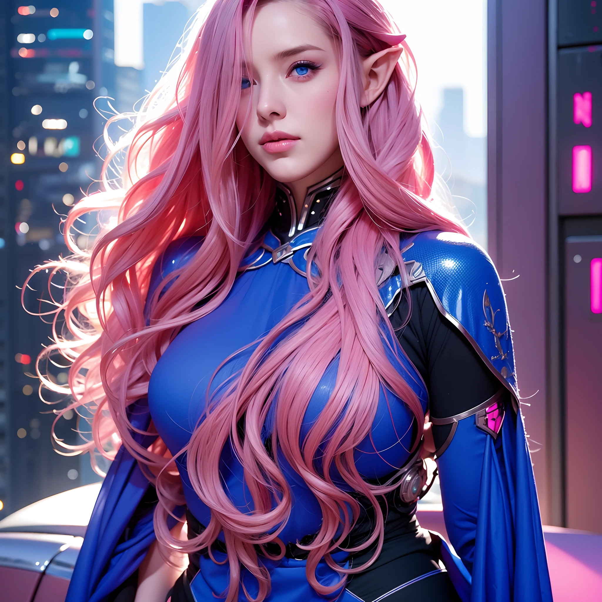 Female, long curly hair, pink hair, blue eyes, nightclub background, party scene, sexy short outfit, elf, pointed ear