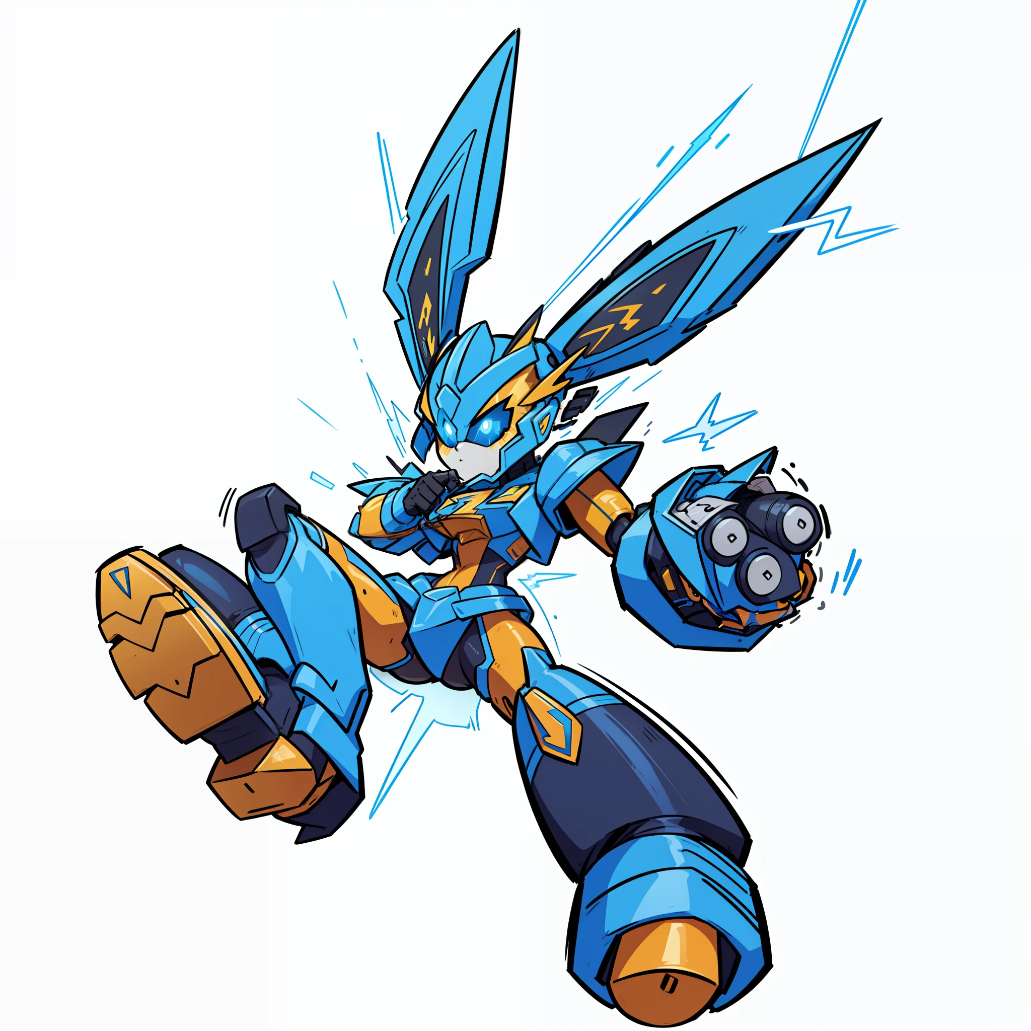 BoltBuzz, A sleek, metallic blue robot with oversized boots, a lightning bolt emblem on its chest, and antennae that look like bunny ears. Always charged up and ready to go, BoltBuzz is known for his speed and energy. He has the ability to harness electricity and use it both defensively and offensively. His signature move is the "Electro-Hop", where he jumps into the sky and sends down a bolt of lightning.