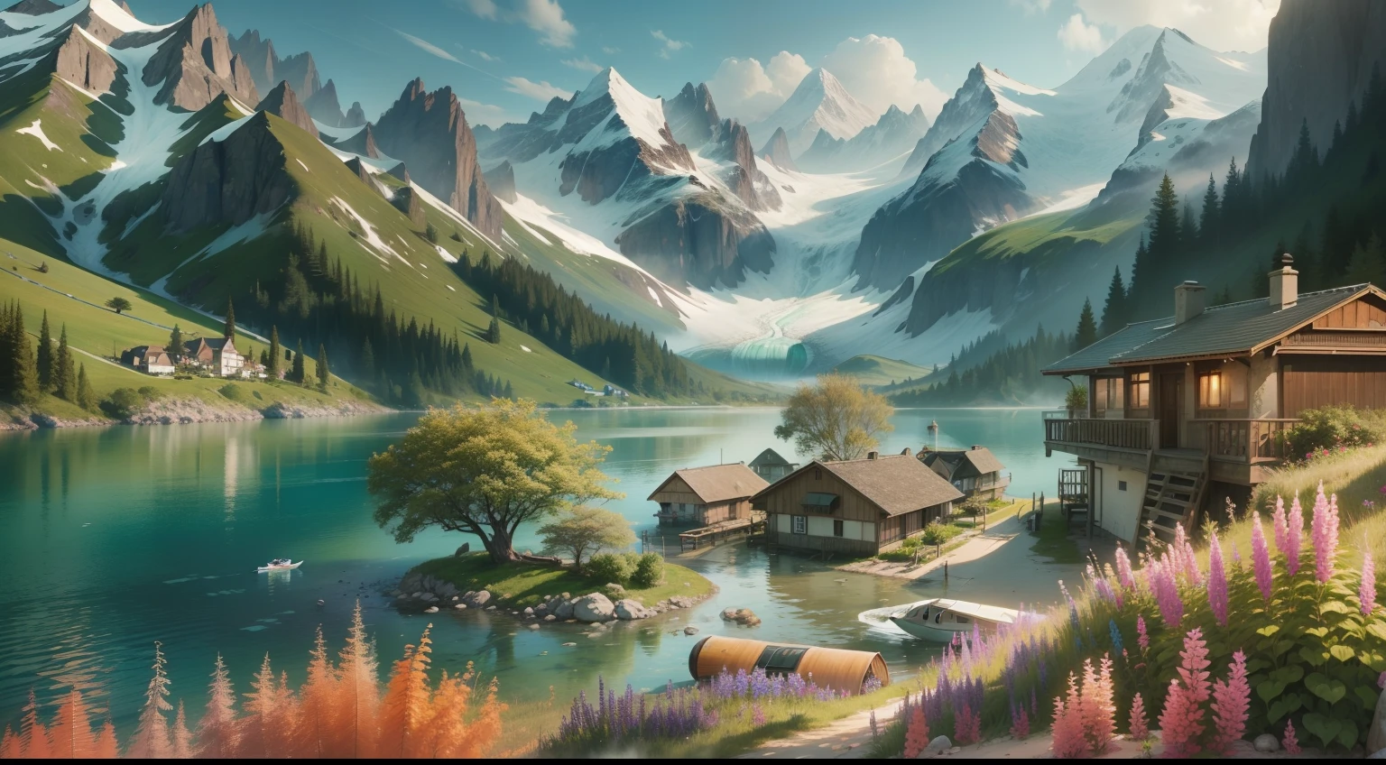 There are villas on the island in the lake, There are boats by the lake, spray, snow mountains, wildflowers.k hd, meticuloso,