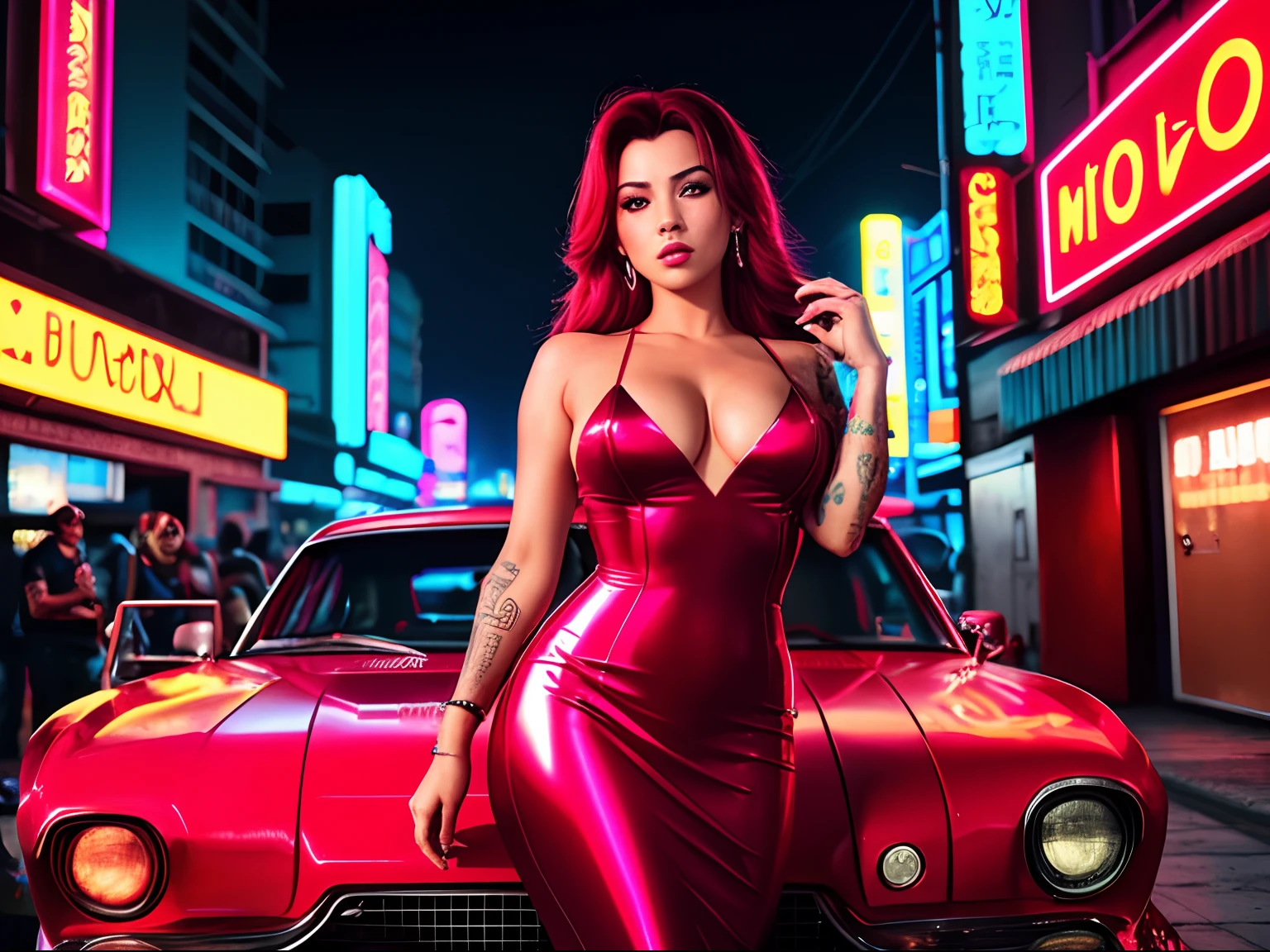 Uma linda Jessica Rabbit, vestido vermelho, decote, action movie scene, noite, Cyberpunk aesthetics, Bustling with neon signs, lotado de pessoas,cinematografia de filmes,Turma do Lixo, pessoa atraente,High emphasis on detail,Use of meteorological technology equipment,Turma do Lixo, tatuagens,Vida noturna,cheio de vida ,Turma do Lixo , action movie shot by Kon Satoshi, estilo Semi Impasto, tinta escura, Atmospheric, brilhante, dramatic lighting, olhos bonitos, symmetric eyes, olhos perfeitos, vaporwave, Synthwave