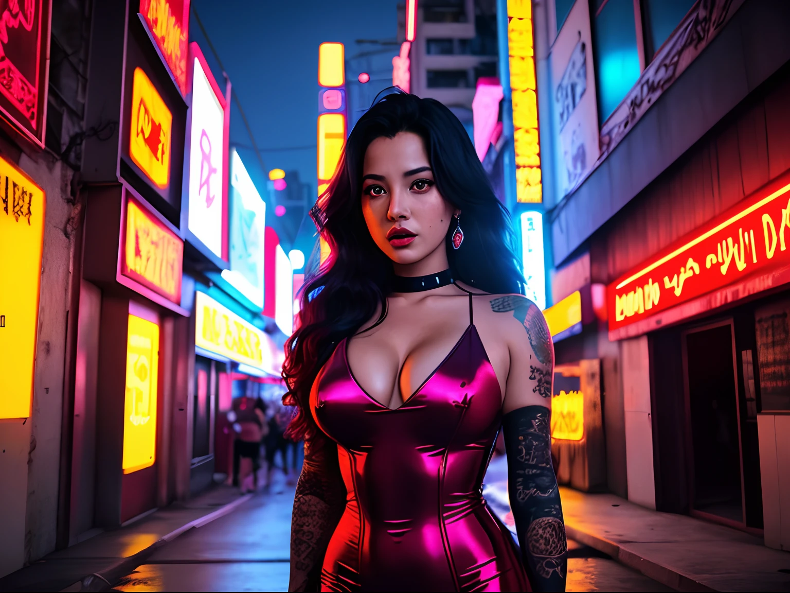 Uma linda Jessica Rabbit, vestido vermelho, decote, action movie scene, noite, Cyberpunk aesthetics, Bustling with neon signs, lotado de pessoas,cinematografia de filmes,Turma do Lixo, pessoa atraente,High emphasis on detail,Use of meteorological technology equipment,Turma do Lixo, tatuagens,Vida noturna,cheio de vida ,Turma do Lixo , action movie shot by Kon Satoshi, estilo Semi Impasto, tinta escura, Atmospheric, brilhante, dramatic lighting, olhos bonitos, symmetric eyes, olhos perfeitos, vaporwave, Synthwave