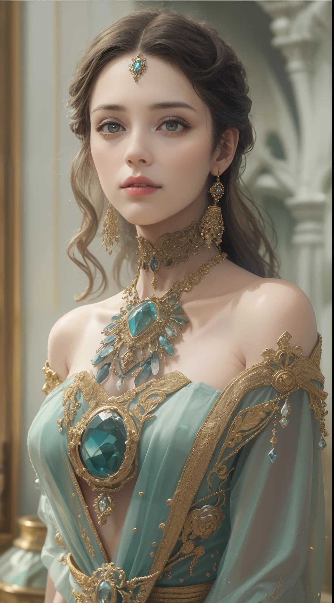(Best quality,8K,A high resolution,Masterpiece:1.2),Ultra-detailed,(Realistic,Photorealistic,photo-realistic:1.37),Portrait,Creative style artwork,Historical,classical,Sophisticated,plethora of colors,Highly detailed,Soft lighting,luxurious environment,detailed gown,Vibrant flowers,detailed jewellery,Ethereal atmosphere,Elegant Pose,Graceful curves,Gold body proportions,Flowing hair,Breathtaking textile patterns,Harsh purple eyes,Delicate floral decoration,A dazzling array of crystal accessories,Mysterious and dreamy atmosphere,Impeccable attention to detail.