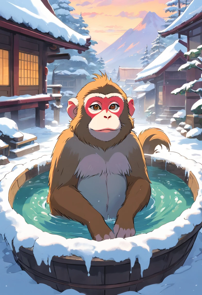 Japanese macaque Soaking in the open-air bath enter Snow around
