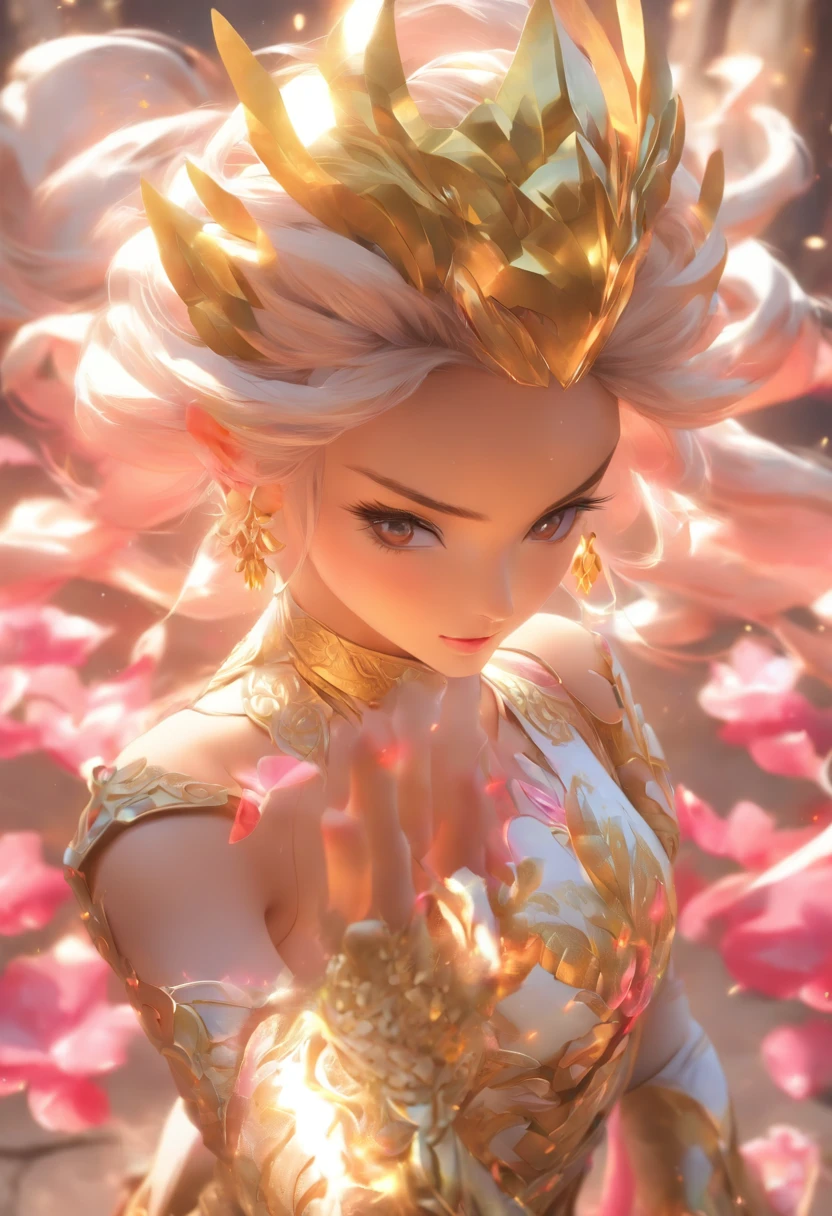 Sexy woman in white gold and pink lotus lace armor dress, chengwei pan on artstation, by Yang J, detailed fantasy art, Stunning character art, Fanart Meilleure ArtStation, epic exquisite character art, Beautiful armor, Extremely detailed Artgerm, Detailed digital anime art, Artgerm on ArtStation Pixiv, Armor Girl, cleavage big breasts:1.2, (Mini skirt:1,5)