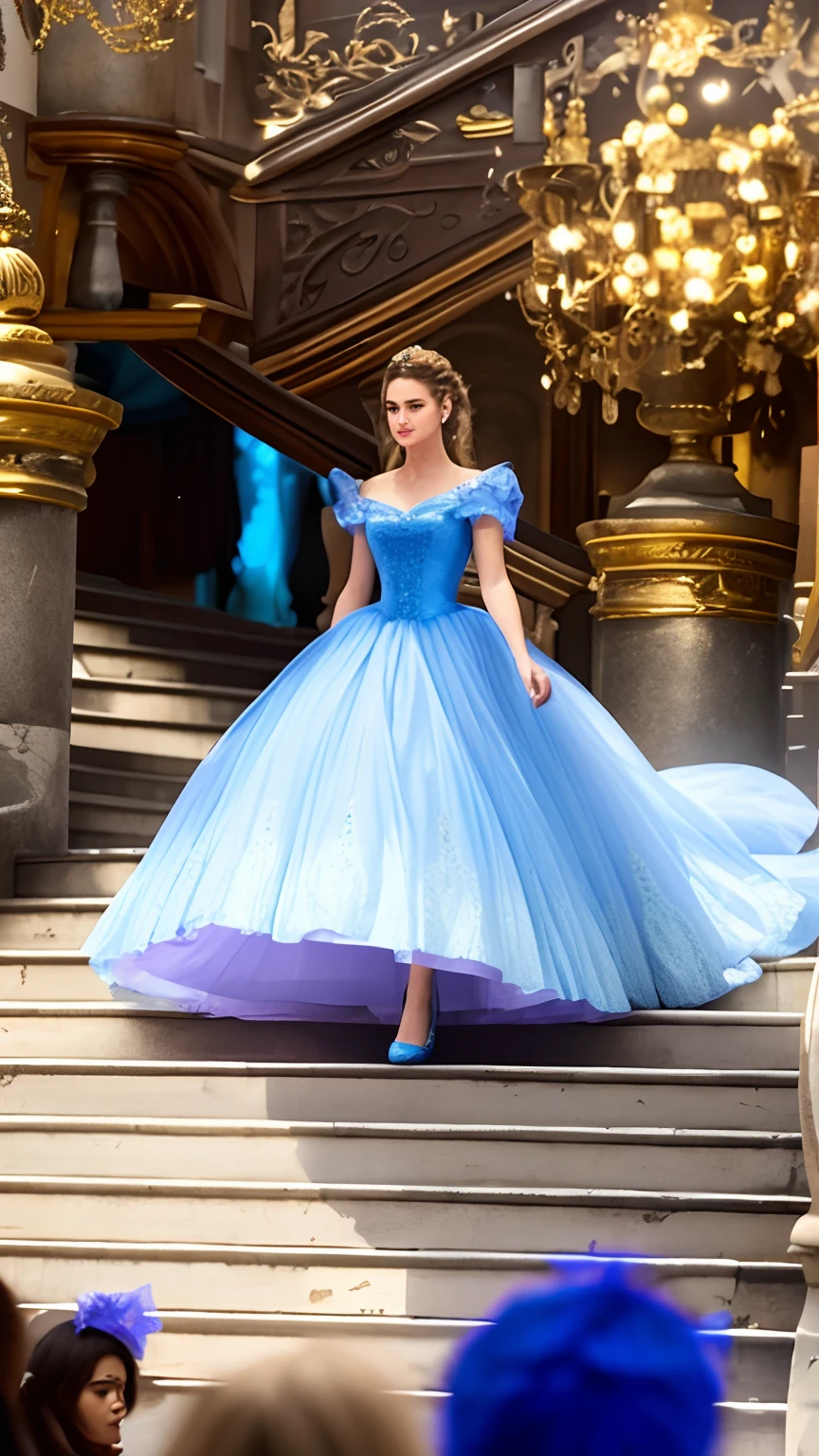 um close up de uma mulher em um vestido azul em um conjunto de escadas, Cinderela, magic robe, vestido real, wearing a magnificent dress, vestido vestido bonito vestido, um vestido azul, princesa bonita, vestido bonito, Vestido azul vitoriano, em vestido azul, vestido azul, estilo de conto de fadas, linda senhora, Lily James como a Rainha do Gelo, vestido, princesa feminina bonita