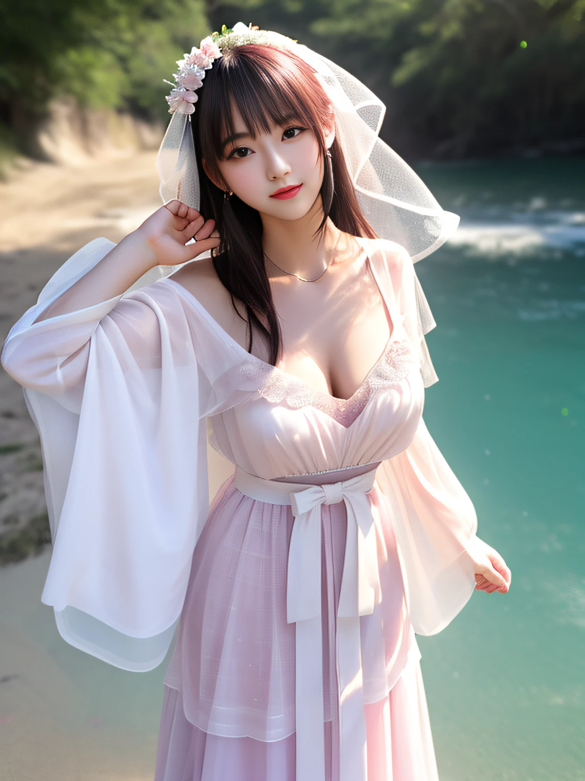 Best quality at best,真实感,light pink colored hair,1girll,独奏,shiny skin,详细的脸,Face in Focus,are standing,brunette color hair,hair adornments,looking toward the viewer,long whitr hair,黑The eye,By bangs,underdressing,outside,sandbeach,Sunny,depth of fields,The clothes ar,float hair,There is a deep cleavage,There is a light in the chest,Looming,Extremely Delicately Beautiful,Delicate collarbones,beautiful make up,Exquisite and perfect facial features,photon maping, Radio City, physically-based renderingt, above waist