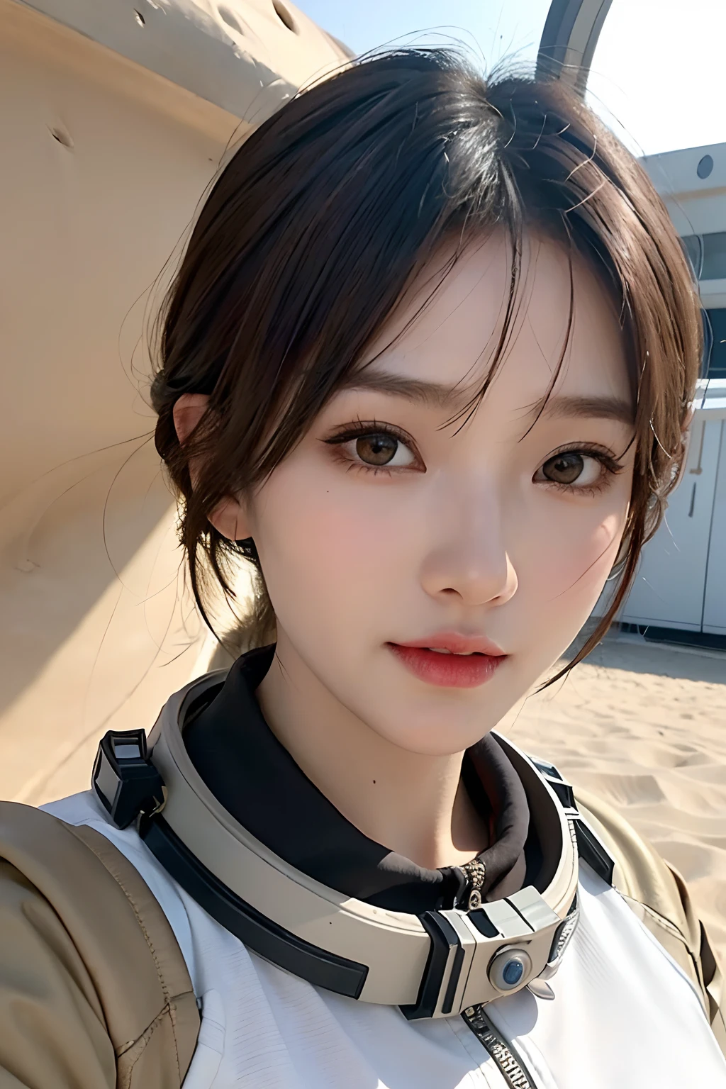 top-quality、masterpiece、超A high resolution、(realisitic:1.4)、Beautuful Women1、Beautiful detail eyes and skin、ssmile、Light brown short-cut hair、The perfect spacesuit、Inside the spacecraft、Sand Planet、sandstorm、