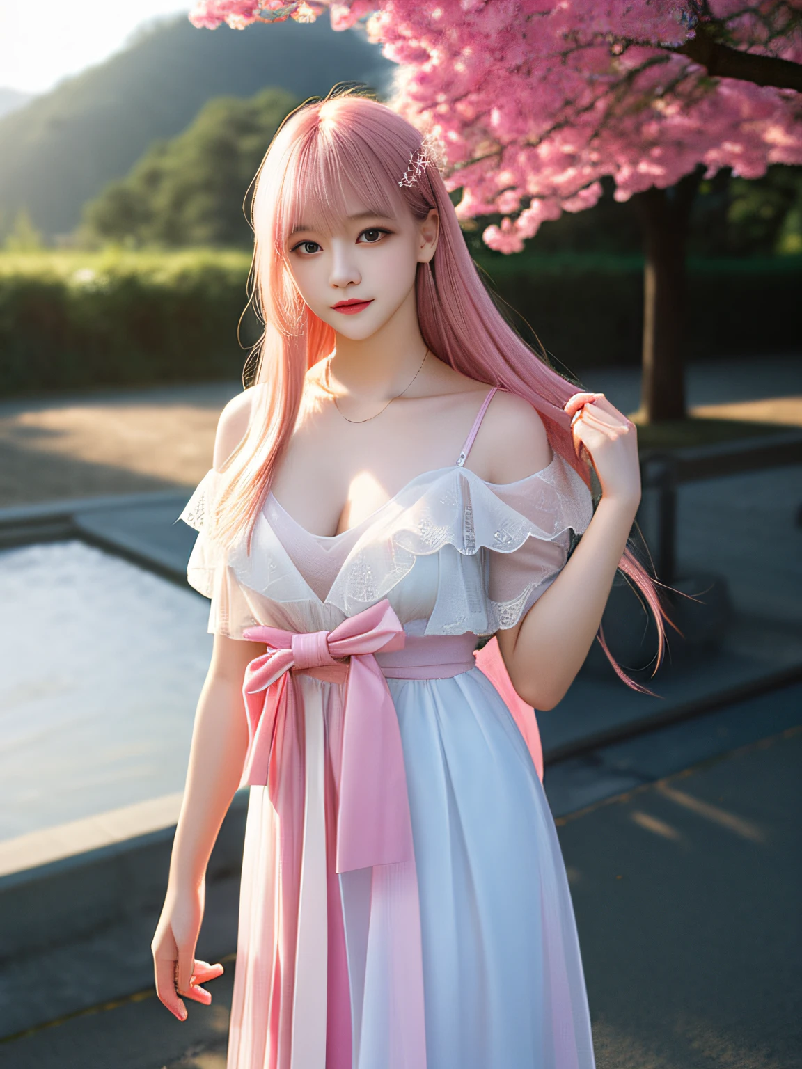 Beautiful 22 year old girl, perfectbody, (perfect shaped breasts), (long pink hair), identical to (haruno sakura), eyes glowing green, (perfect hands), (RED Chinese dress with white lines.), (deep neckline), (skirt raised) (exposed thong rubbed under dress), (squatt) (full - length photo), pink cherry forest background, High quality HD realistic photo, shy pose, happy in front of the camera.