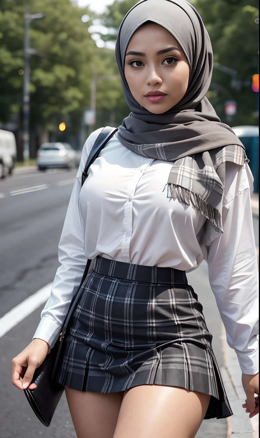 Best quality, high resolution, masterpiece: 1.3), beautiful Malay woman in hijab, big breasts, slim figure, (wet white blouse), (Self-raising gray Tartan pleated skirt: 1.3),(legs spread, thighs in focus), on the street details and facial and skin textures beautifully rendered, eye details, double eyelids, chest great look,Very detailed,On the road,(bokeh)