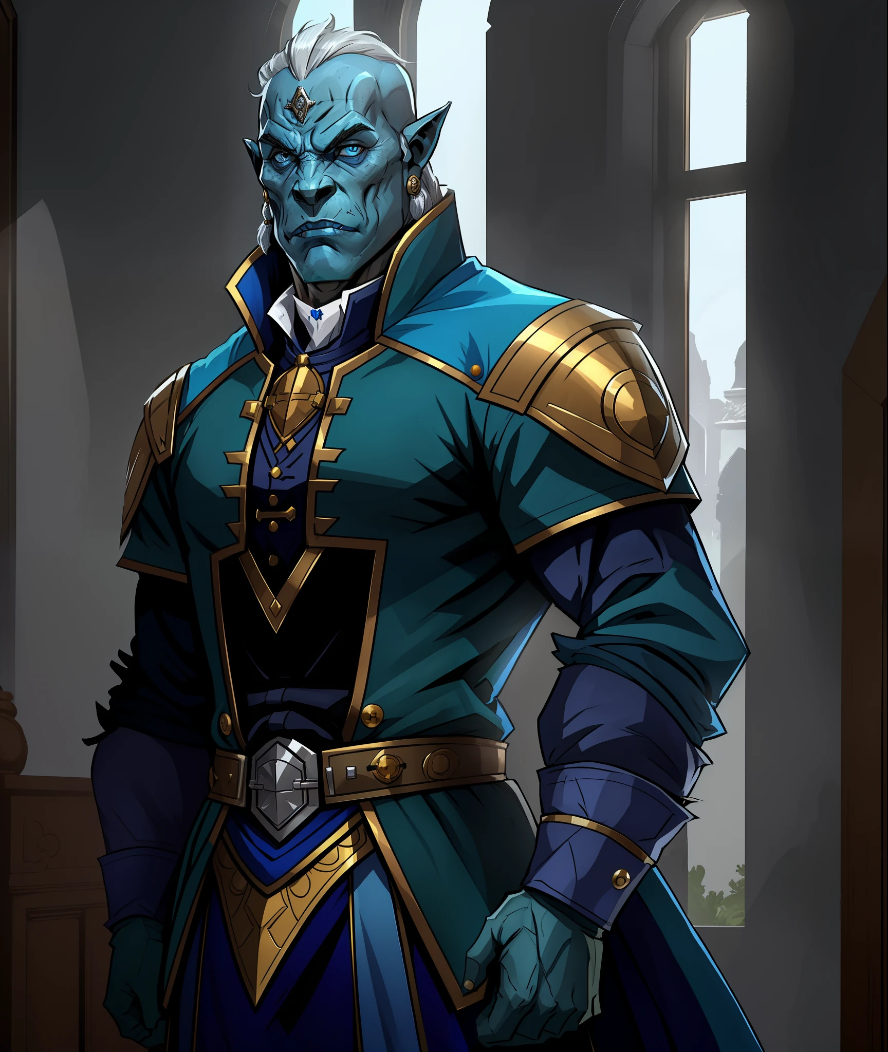 half-orc, Wearing Brave Suit, vivid blue with white collar and bronze buttons, masterpiece, best quality