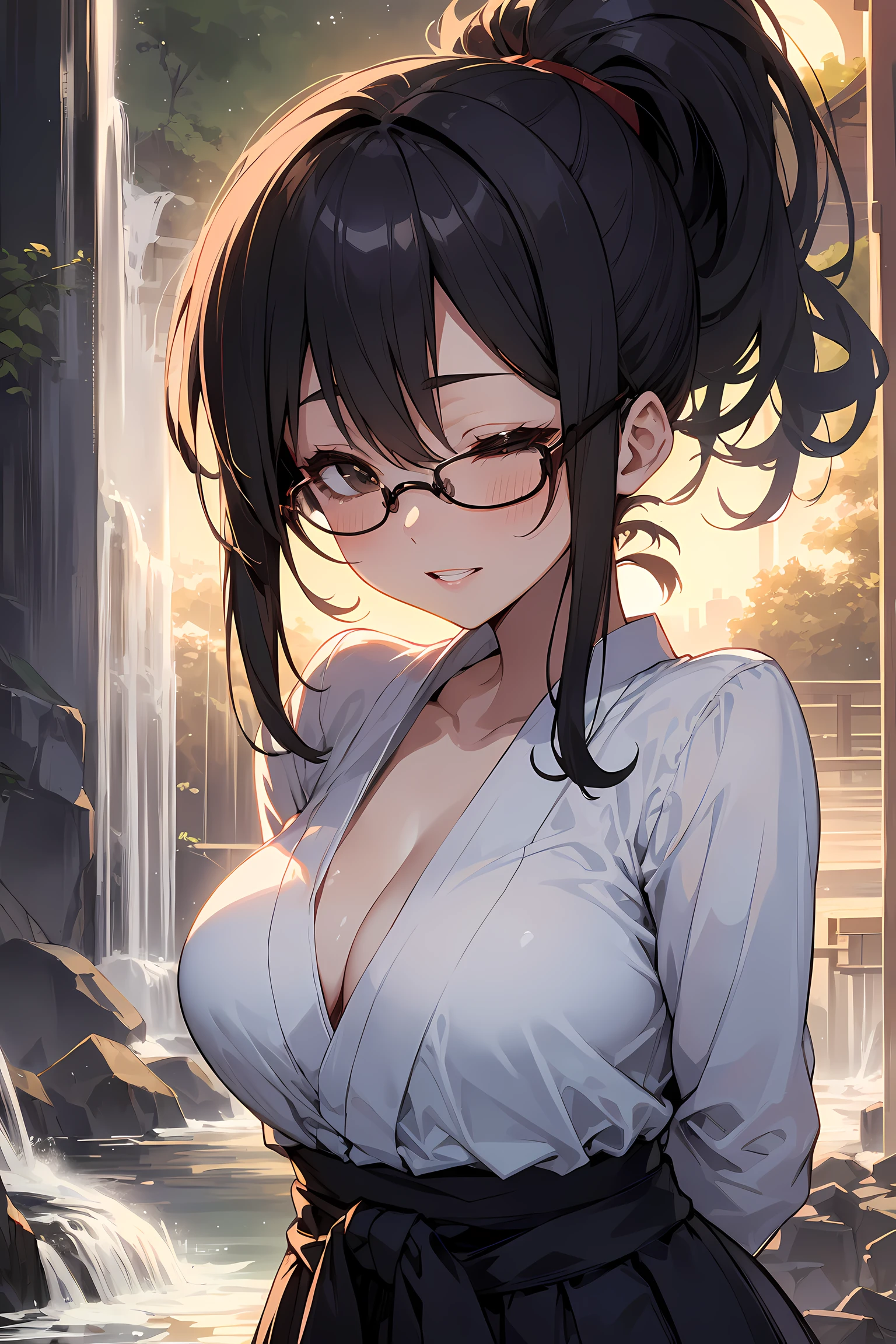 high resolution, Photo of a beautiful woman detailed_face, young handsome girl,realistic:0.5, perfect skin, (wearing a glasses:1.5), from behind:1.5, (ultra-detailed background, detailed background), bokeh, make happy expressions, happy emotion, gorgeous,pure, beautyfull detailed face and eyes,breasts, (black eyes:1.1), (a extremely pretty and beautiful Japanese woman), (sexy girl), (professional attire:1.3), (22 years old: 1.1), BREAK, (lovely outfit:1.2), (detailed miko outfit:1.2), (white dogi:1.2), (red hakama:1.2))), cleavage, beautiful detailed skin, (cute:1.2), (black hair), ((jpop idol)), (upper thigh:0.6), (depth of field),soft light, Lens Glow looking at viewer, (Drooping eyes:1.2), straight teeth,smile, floating hair, (black hair:1.2), brown eyes BREAK movie scene, cinematic, full colors, 4k, 8k, 16k, RAW photo, masterpiece, professionally color graded, professional photography, high school girl, hair up, , soft clean focus, realistic lighting and shading, (an extremely delicate and beautiful art)1.3, elegant,active angle,dynamism pose BREAK (ponytail:1.3), (shiny-black thin hair:1.2), bangs, dark brown eyes, beautiful eyes, princess eyes, (big eyes:1.3), bangs, wearing a glasses:1.3, Hair between eyes, short hair:1.3, (slender:1.1), (medium-breasts:0.95), (thin waist: 1.15), (detailed beautiful girl: 1.4), Parted lips, Red lips, full-make-up face, (shiny skin), ((Perfect Female Body)), (upper body image:1.3), Perfect Anatomy, Perfect Proportions, (most beautiful Korean actress face:1.3, extremely cute and beautiful Japanese actress face:1.3), ,(1glasses girl:1.3, solo), ,(blush:1.1), gray background, solo focus, (bust shot:1.2), cinematic light, (nostalgic night scene:1.4), (waterfall:1.4), (moon light:1.3), (arms down:1.4), (looking at viewer:1.2), (in waterfall:1.3, closed eyes:1.3),
