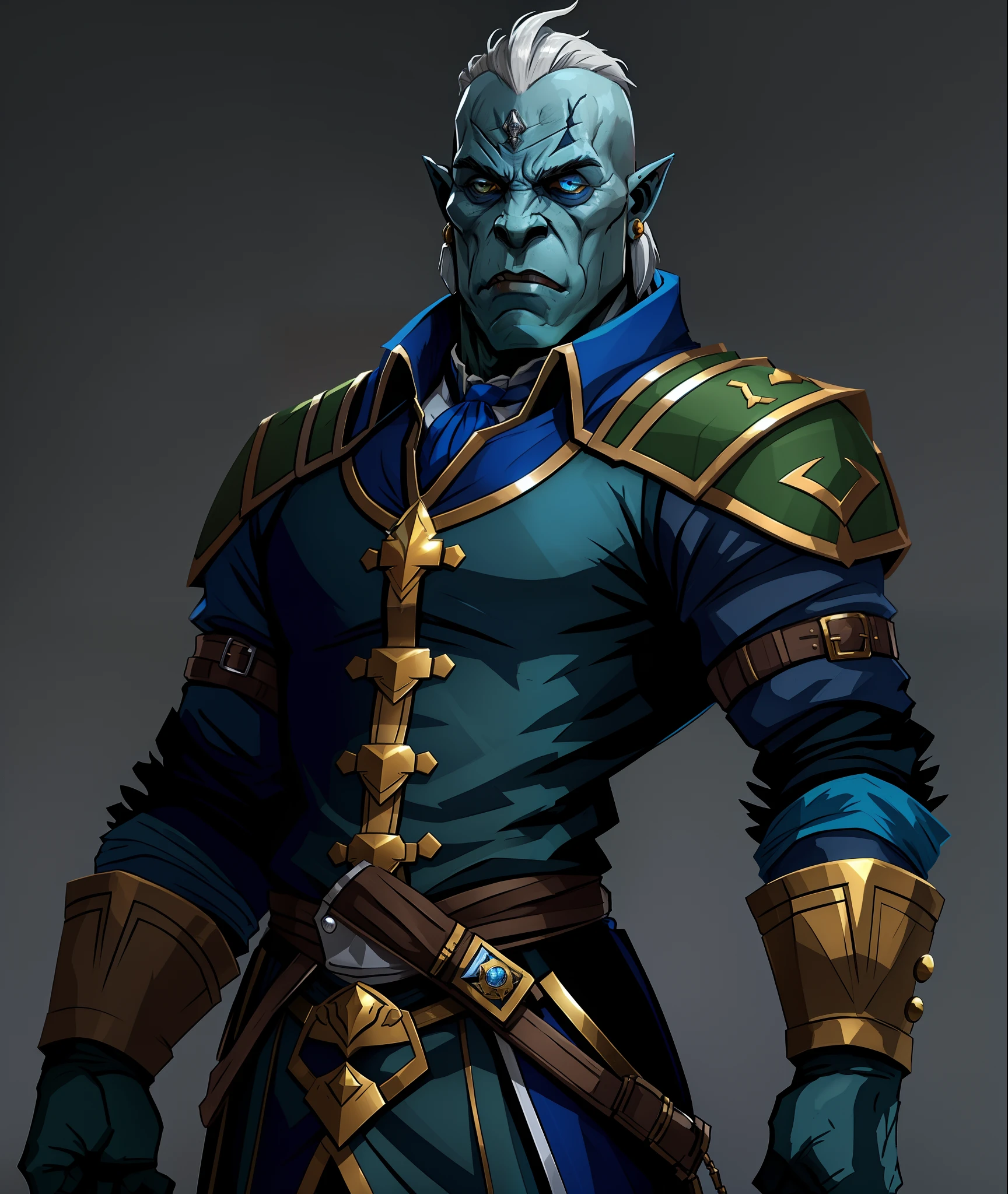 half-orc, Wearing Brave Suit, vivid blue with white collar and bronze buttons, masterpiece, best quality