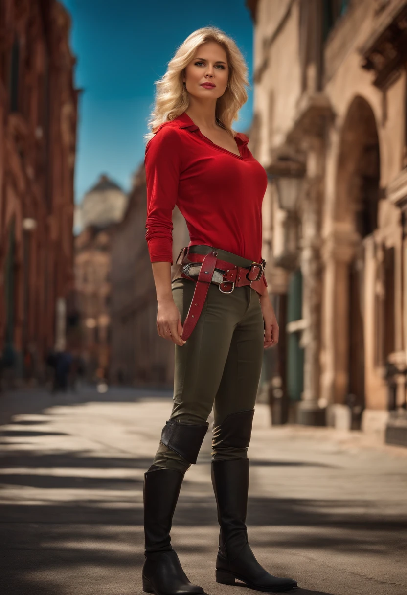 Woman with blond hair, red shirt, utility belt, tight pants, boots.