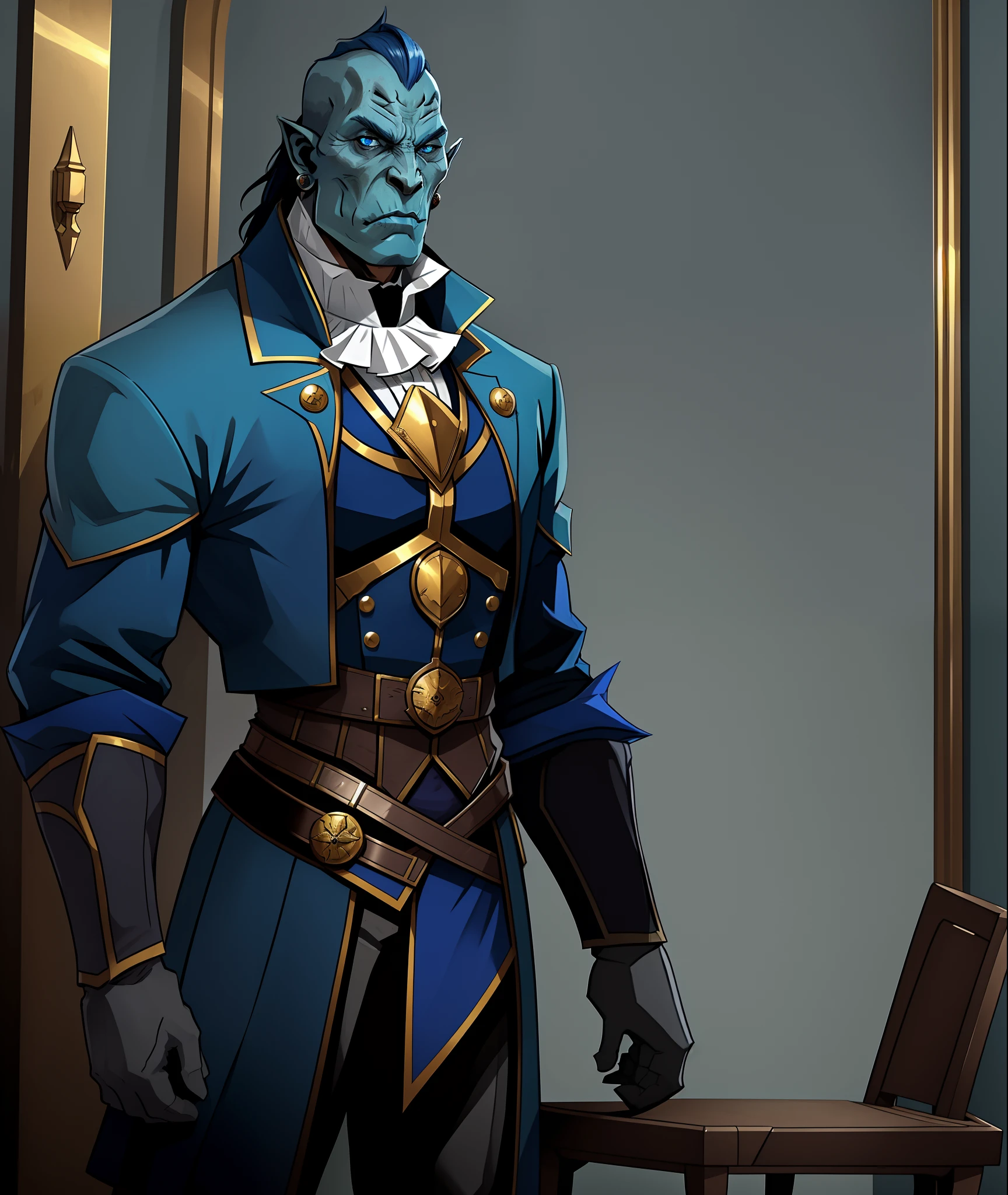 half-orc, Wearing Brave Suit, vivid blue with white collar and bronze buttons, masterpiece, best quality