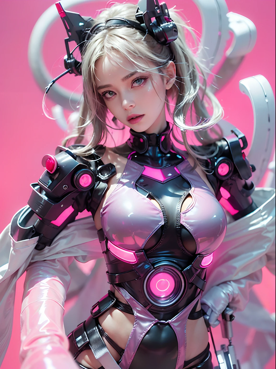 Full body like,(((Perfect girl portrait shoot))), ((Extremely long curly fluorescent cyberpunk hair)), Best image quality, Masterpiece, Super high resolution, (Fidelity:1.4), Photo, (((1 girl))) Dim, Darkness, Movie, (Translucent futuristic black clothing and costumes:1.5), (Translucent clothes:1.4), ((Cyberpunk)), cyber outfit, ((robot)), Apocalypse, Futuristic, (((Oversized hanging breasts))), ((Perfect and distinct facial features)), ((Portrait)), (((dynamic shot))), ((Perfect body)), ((Award-winning ultra-realistic photos)), (((Extremely tight reflective translucent latex))), Pastel textured colored background, Colourful, vibrant, ((Gorgeous perfect color reflective eyes)), (Spherical flying robot)), ((Soap and bubbles))Top quality, Masterpiece, 超高分辨率, (Photorealistic: 1.4), RAW photo, 1 Cyberpunk Girl, Glossy glossy skin, 1 mechanical girl, (hyper realistic detailed)), (((Full body shot))), Global illumination, Contrast, Shadows, Octane rendering, 8K, ultrasharp, raw skin, metal, Intricate Ornament Details, Japan Details, very complex details, Realistic light, CGSoation trend, Facing the camera, neon light detail, Mechanical limbs, Blood vessels connected to the tube, Mechanical vertebrae attached to the back, mechanical cervical attachment to the neck, wires and cables connecting to head, gundam, Small LED lamps.(RAW photo:1.2),camel-toe,Pink latex jumpsuit,Hollow-out on,Holt collar, latex shiny,tight-fitting,sweat leggs,White liquid, Pink body, wearing atsuko kudo latex outfit, wearing tight suit, Smooth pink skin, catsuits, Wearing latex, shiny plastic, shiny metallic glossy skin, The color of pink glow, latex outfit, chrome bodysuit, cyberpunk glossy latex suit, Shiny, futuristic glossy latex suit,spread their legs,M-shaped legs,angry look,sullenness,Irritated,white liquid all over body,Full body like,