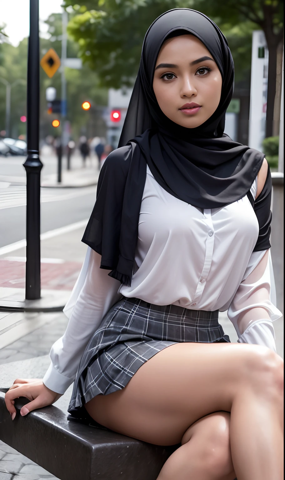 Best quality, high resolution, masterpiece: 1.3), beautiful Malay woman in hijab, big breasts, slim figure, (wet white blouse), (Self-raising gray Tartan pleated skirt: 1.3),(legs spread, thighs in focus), on the street details and facial and skin textures beautifully rendered, eye details, double eyelids, chest great look,Very detailed,On the road,(bokeh)