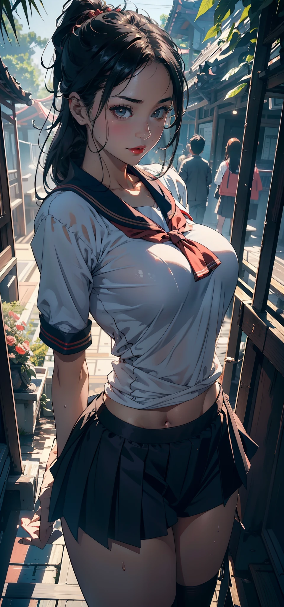1female,35yo,A MILF,熟妇,mature,plumw,Slim,Large breasts,long leges,Big breasts Thin waist,Pornographic exposure, 独奏,(Background with:bamboo forrest,Stand in a sea of flowers,in summer) She has short black hair,standing on your feet,Sweat profusely,drenched all over the body,seen from the front, High ponytail, mostly cloudy sky,(((tmasterpiece),(Very detailed CG unity 8K wallpaper),best qualtiy,cinmatic lighting,detailed back ground,beatiful detailed eyes,Bright pupils,(Very fine and beautiful),(Beautiful and detailed eye description),ultra - detailed,tmasterpiece,)),facing at camera,A high resolution,ultra - detailed),revealing breasts,Bare genitalia, Bulge,Camel toes,Raised sexy,Flushed complexion,Redlip,frontage,(Wearing:Sailor uniform,Black socks,)nakeness,upper body photos