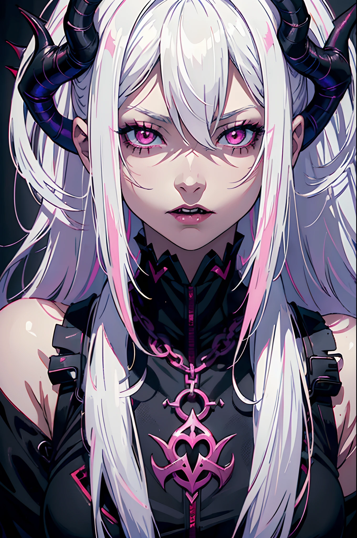 ((masterpiece, best quality)), (1girl, anime girl in dark prison),(mature, devil horn), (solo), (female focus), (white hair),pink eyes, ((vampire, dark skin)), evil, vicious, portraits, close up, upper body, vibrant colors, soft lighting