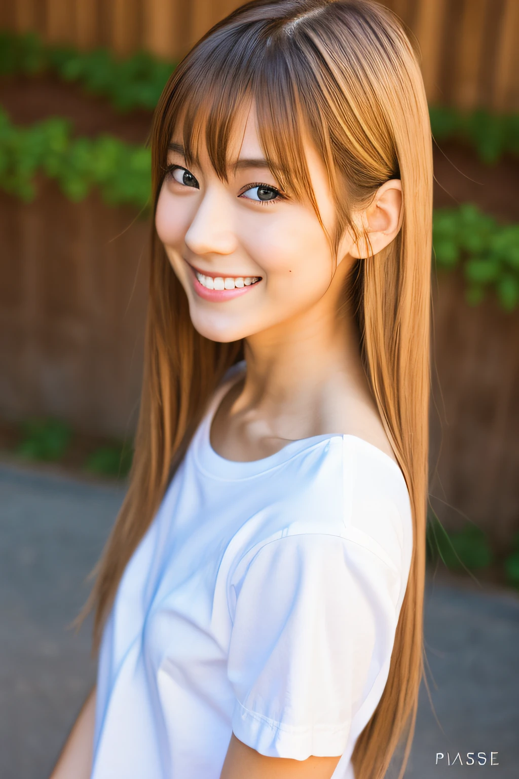 Very beautiful Japan person, kawaii, (photographrealistic:1.4), 1girl in,Realistic,Best Quality,japanaese girl,From above,Detailed face,Simple background,Perfect Anatomy,23years old, smiling smile, As a fashion model,Simple white t-shirt,simple background,valley