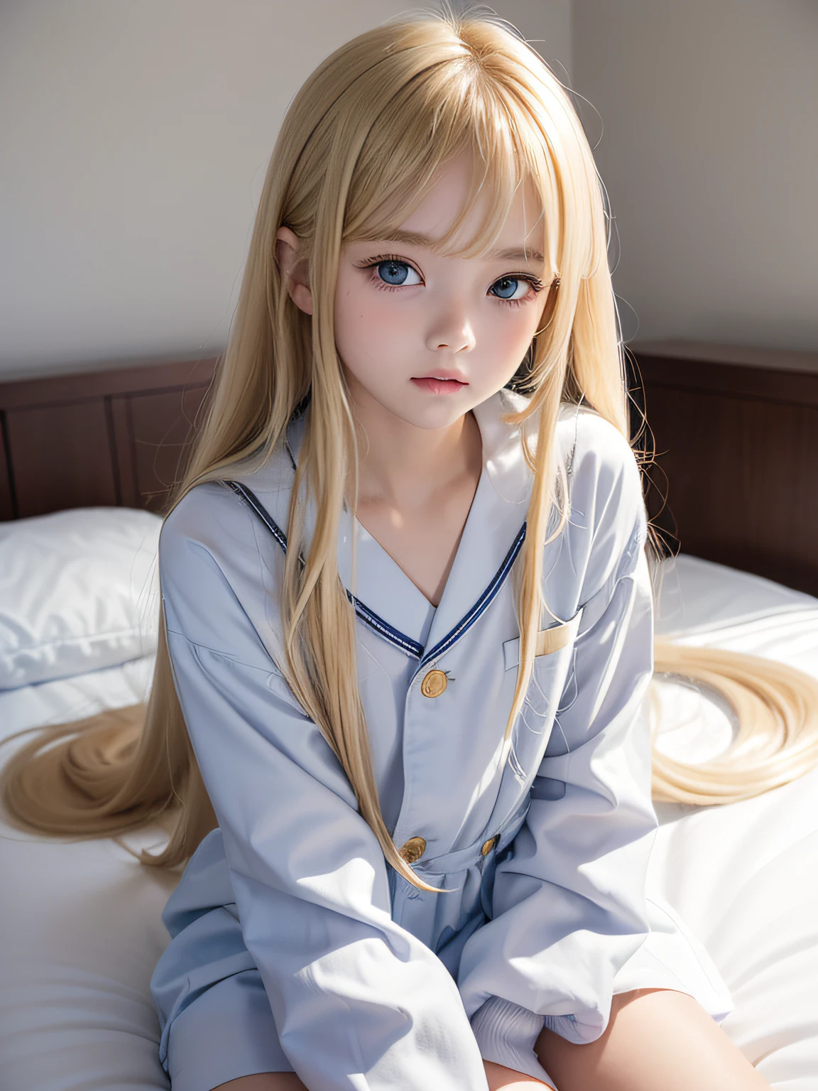 (((bound)))、(((lying on one's side on bed)))、The most beautiful pretty cute faces、Russian beauty girl、bright expression、Very long and beautiful straight hair、half ponytail、(((Beautiful blonde hair shining golden)))、The most beautiful girl in the world、Sexy cute beautiful 、bright big pale blue eyes、snow-white shiny skin、shiny beautiful skin、a baby face、daoss of cheeks、long bangs swaying in front of the face、Transparent beautiful natural blonde silky soft hair、School Uniforms、japanese sailor suits、, ((Petite)), ((Little)), ((Flat_Chest)), ((skinny)),