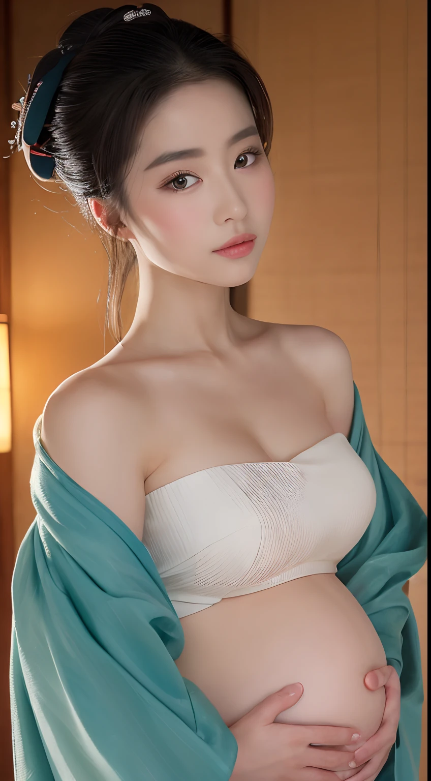 ((Best quality, 8k, Masterpiece :1.3)), Sharp focus :1.2, ((18years.Beautiful geisha in kimono.bare shoulders,Is pregnant. Pregnant belly))sitting in the room. On the bed. °Highly detailed face and skin texture, Detailed eyes, Double eyelid_mix4, 20d,Hiper-realistis:1.37),16K HD,