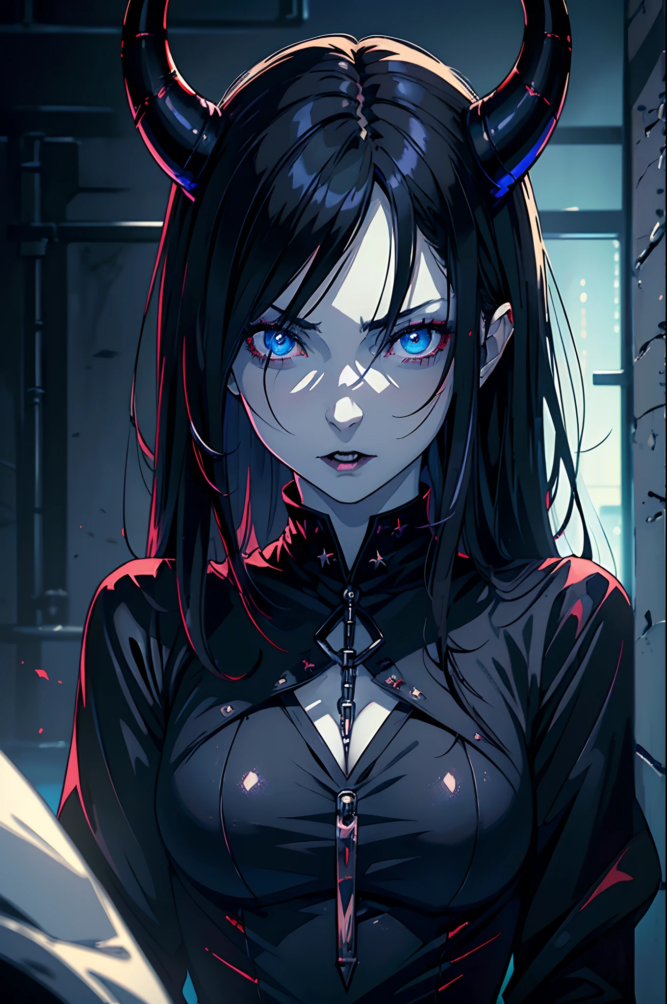 ((masterpiece, best quality)), (1girl, anime girl in dark prison),(mature, devil horn), (solo), (female focus), (black hair, straight hair),blue eyes, ((vampire, black dress, pale skin)), evil, vicious, portraits, close up, upper body, vibrant colors, soft lighting
