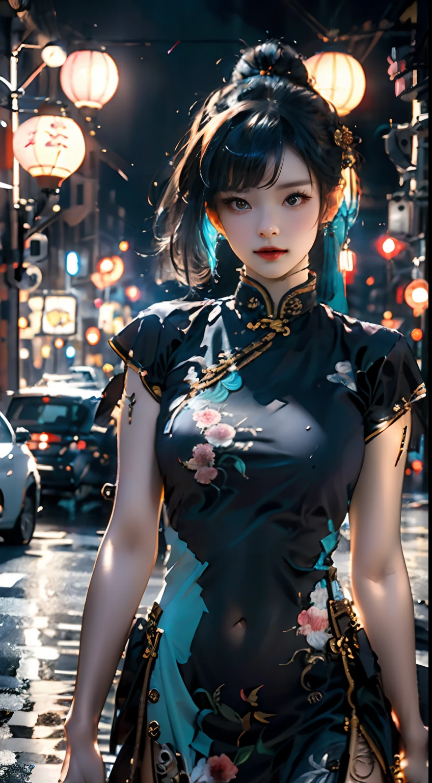 (Master works :1.5), (Best picture quality :1.5), (Very Fine Detail, 8K, the wallpaper :1.3), Very Fine Detail, High contrast, complexdetails, Physics-based rendering, Best composition, Whole body, Cyberpunk character style, Dynamic styling, 1 girl, Fine brown eyes, eye shadows, Makeup, Long black hair, Detailed big eyes, Looking at the audience, Blush, Plump little lips, Red lips, Long hair :1.3, Upper body, (standing), (Hair accessories :1.1), Headwear, White cyan,Chinese style cheongsam, Mesh cheongsam, Blue and pink cheongsam, (Cyberpunk light :1.1), neonlight, All mechanical and futuristic elements, Technology, The background is a traditional Chinese street, Chinese town, Chinese city, Chinese city, Chinese city, Chinese city, Chinese city. street, paper lanterns, neonlight, 超高分辨率, (Slim:1.2), Dramatic lighting, vibrant detail, luxuriouscyberpunk, the complex background, rendering by octane, 8K, Yes, Best quality, Masterpieces, Illustrations, Extremely delicate and beautiful, Very detailed, CG, the wallpaper, (Realistic, Realistic :1.37), Amazing, finedetail, Masterpiece, Best quality, offcial art, (natta :1.5) Cowboy shot